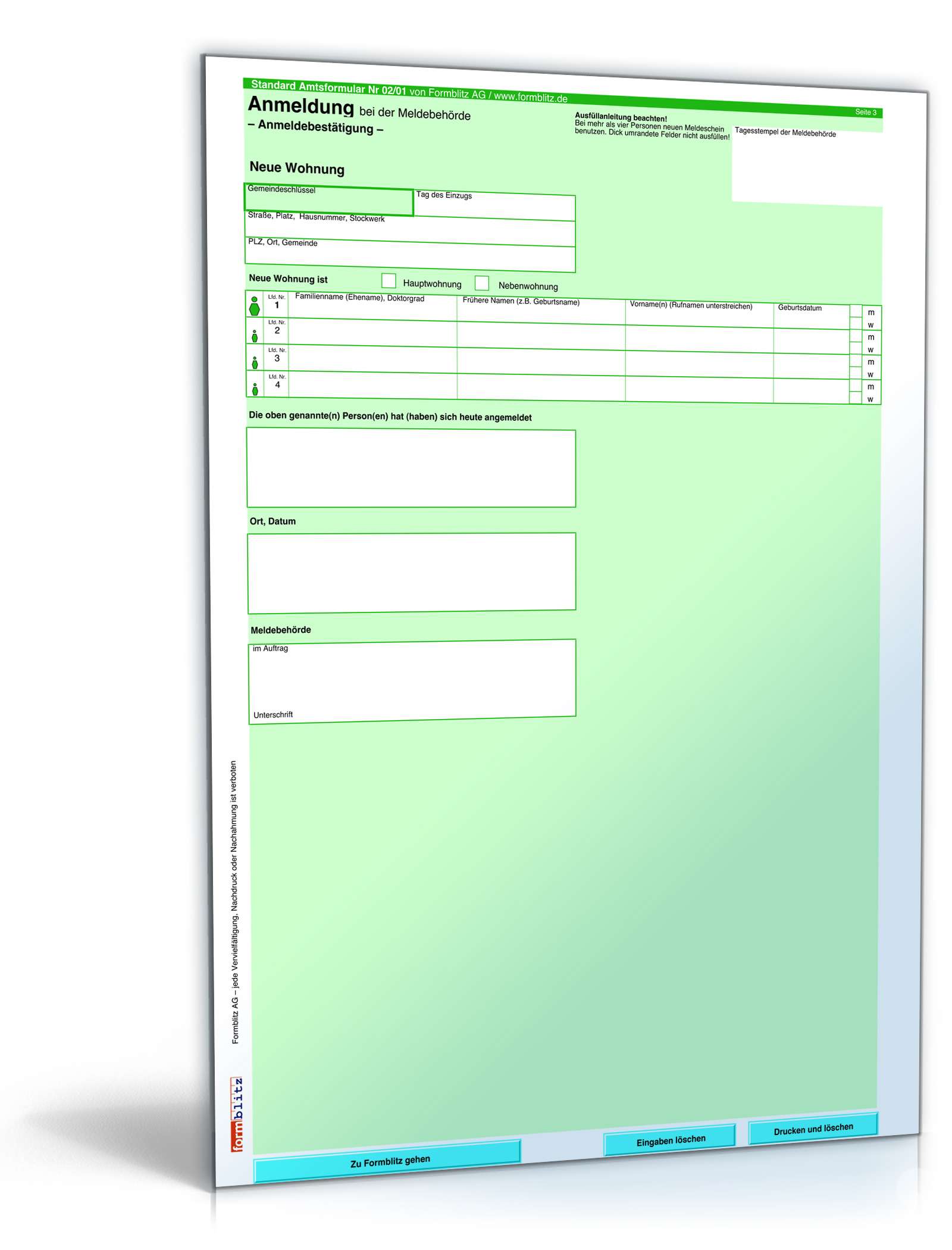 Anmeldung bei der Meldebehörde | Formular zum Download
