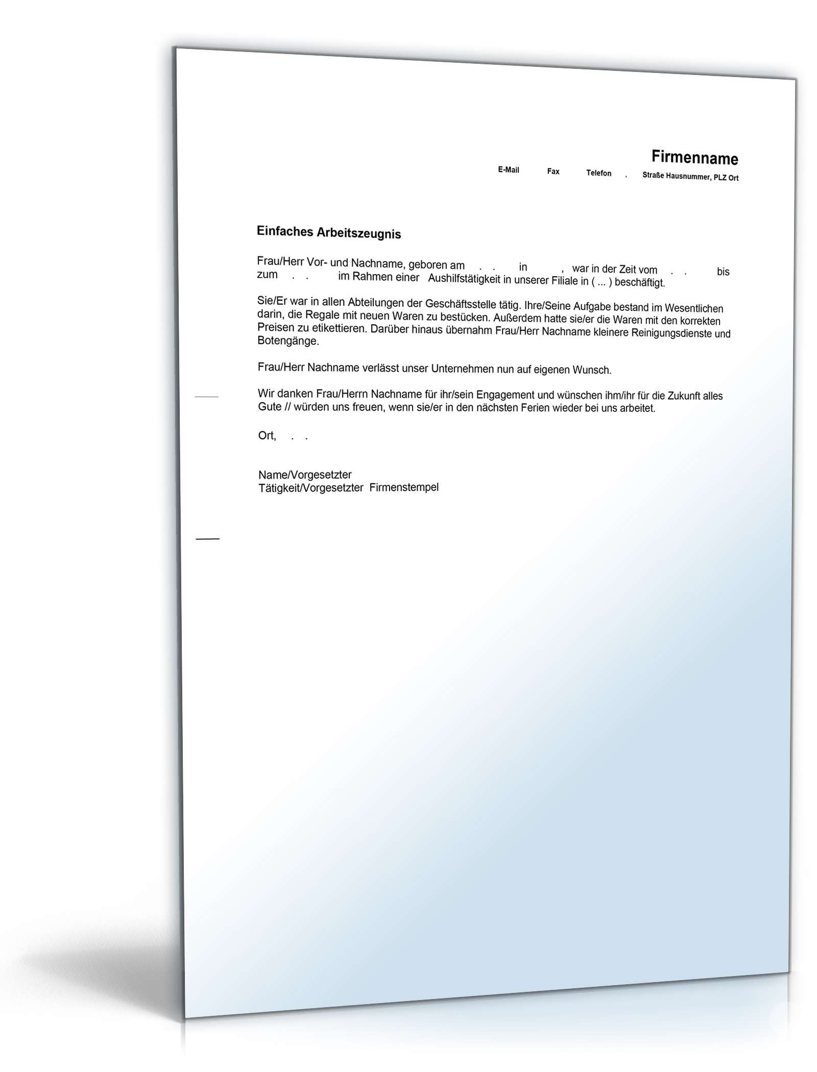 Einfaches Arbeitszeugnis Aushilfskrafte Muster Zum Download