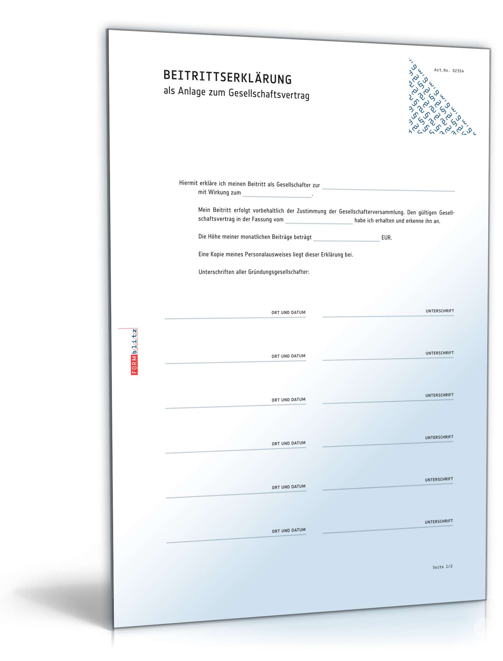 Hauptbild des Produkts: Beitrittserklärung Gesellschaft