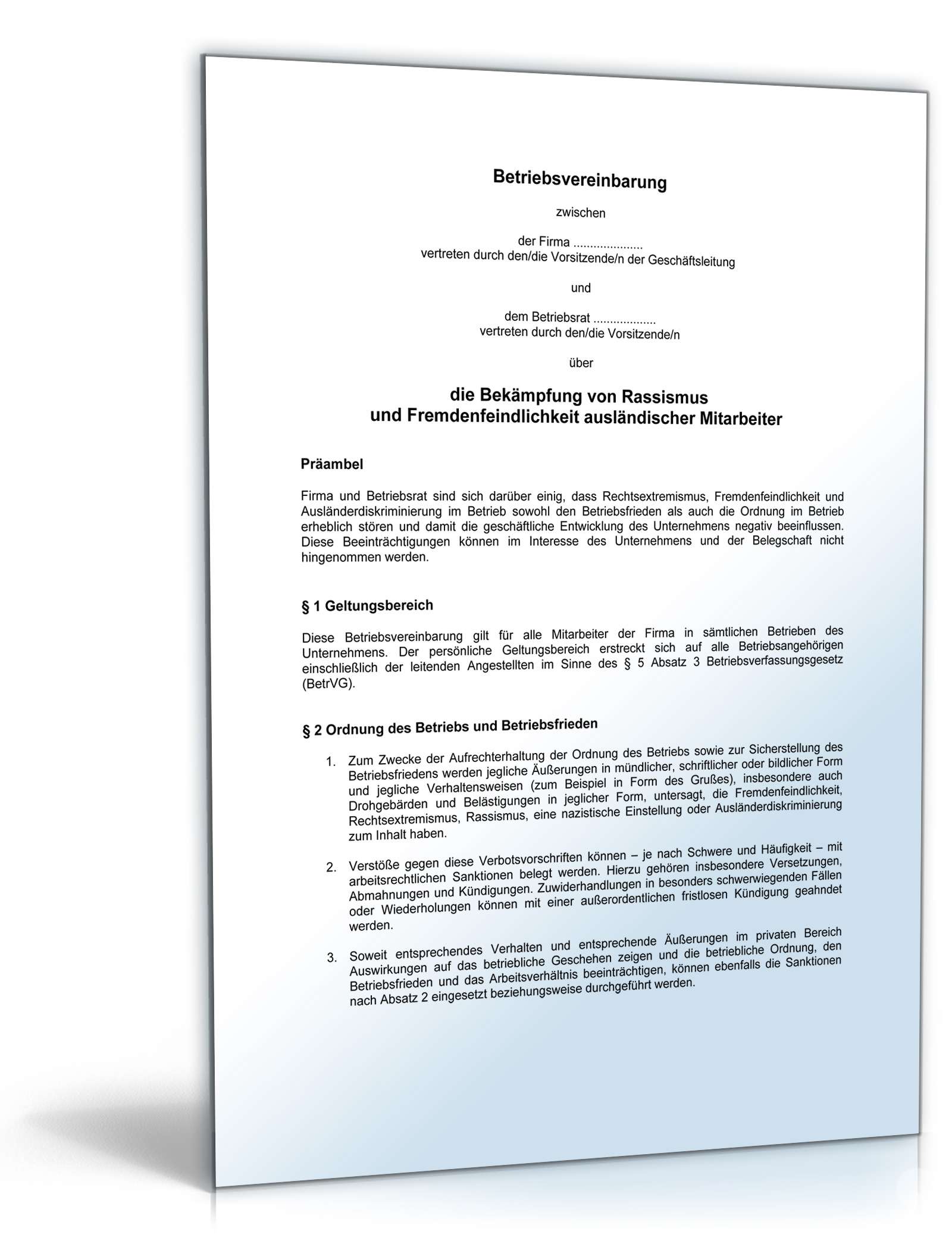 Betriebsvereinbarung Bekampfung Rassismus Muster Vorlage Zum Download