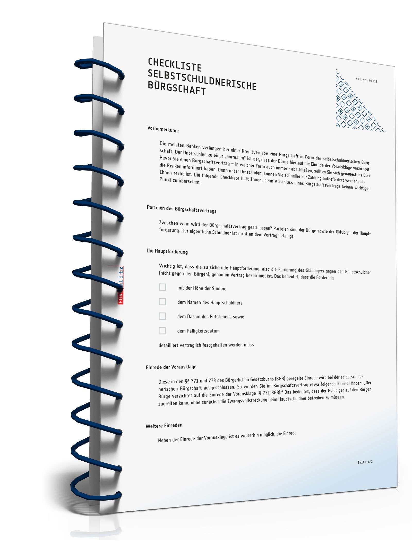 Hauptbild des Produkts: Checkliste selbstschuldnerische Bürgschaft