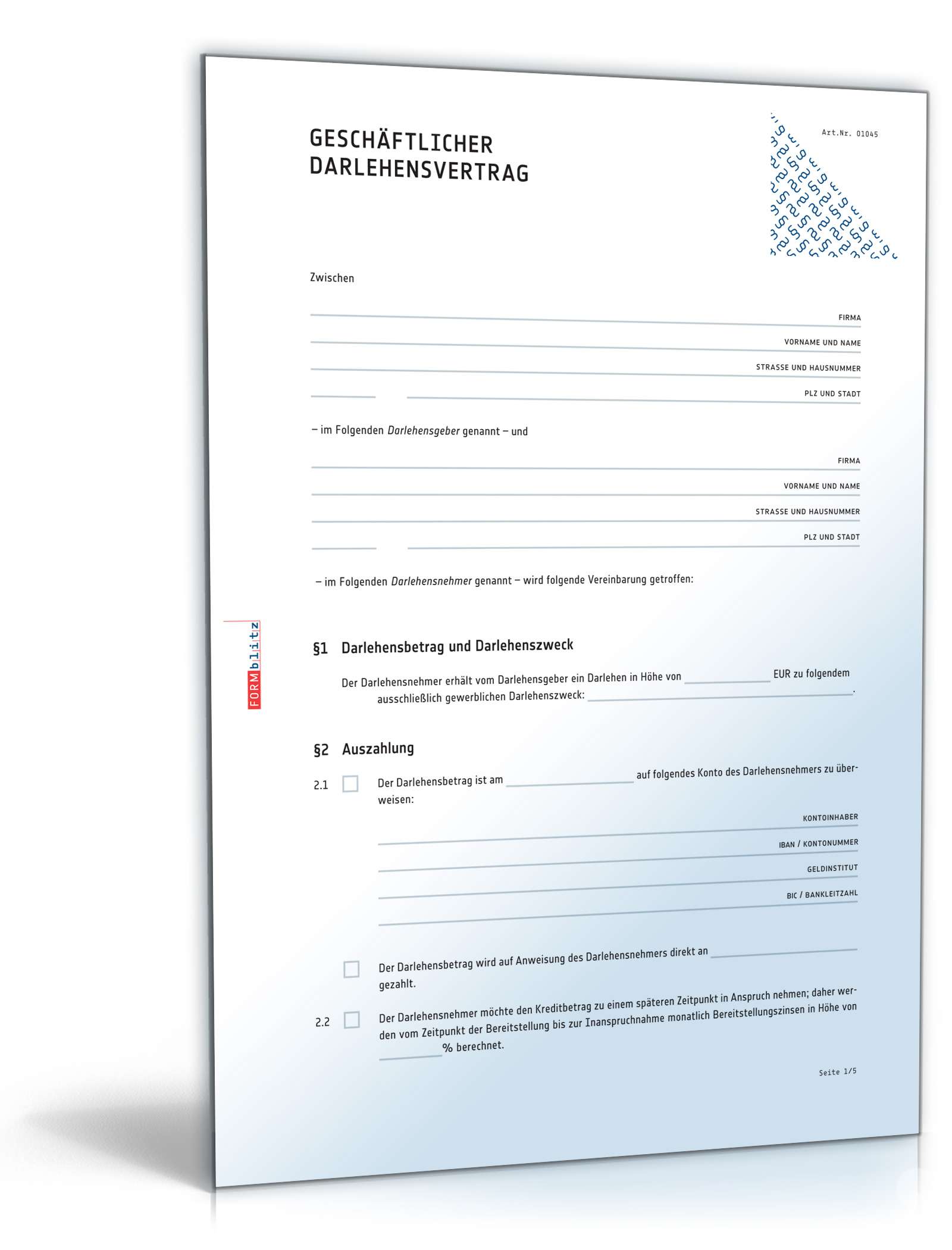 Geschaftlicher Darlehensvertrag Muster Zum Download