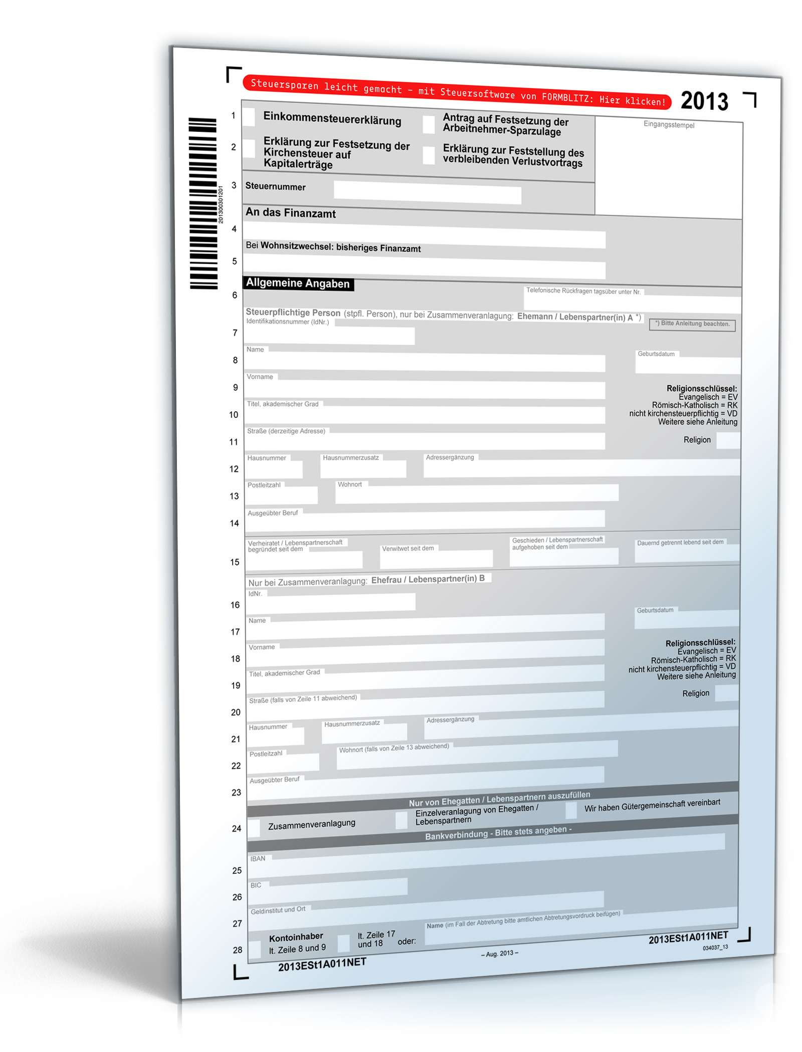 Mantelbogen Einkommensteuererklarung 13 Formular Zum Download