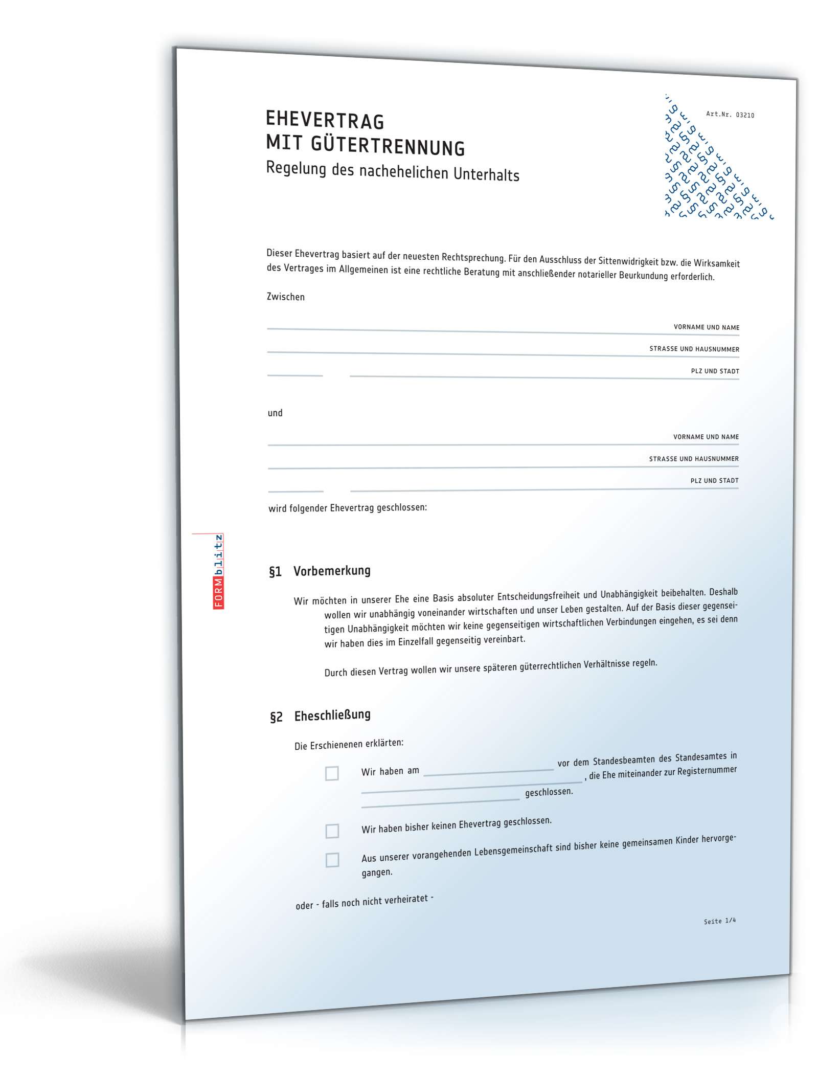 Hauptbild des Produkts: Ehevertrag mit Gütertrennung