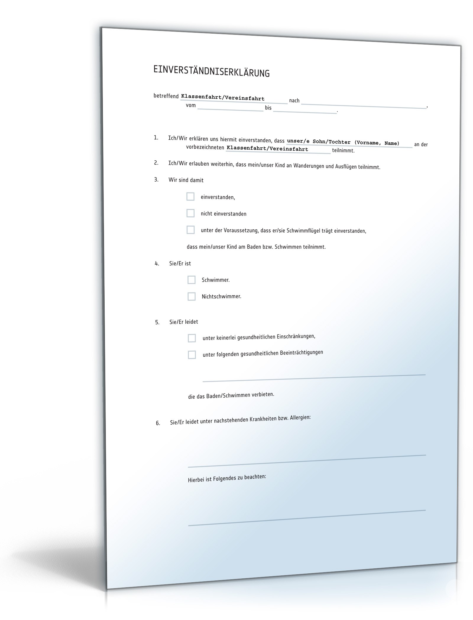 Einverständniserklärung Teilnahme Vereins-/Klassenfahrt