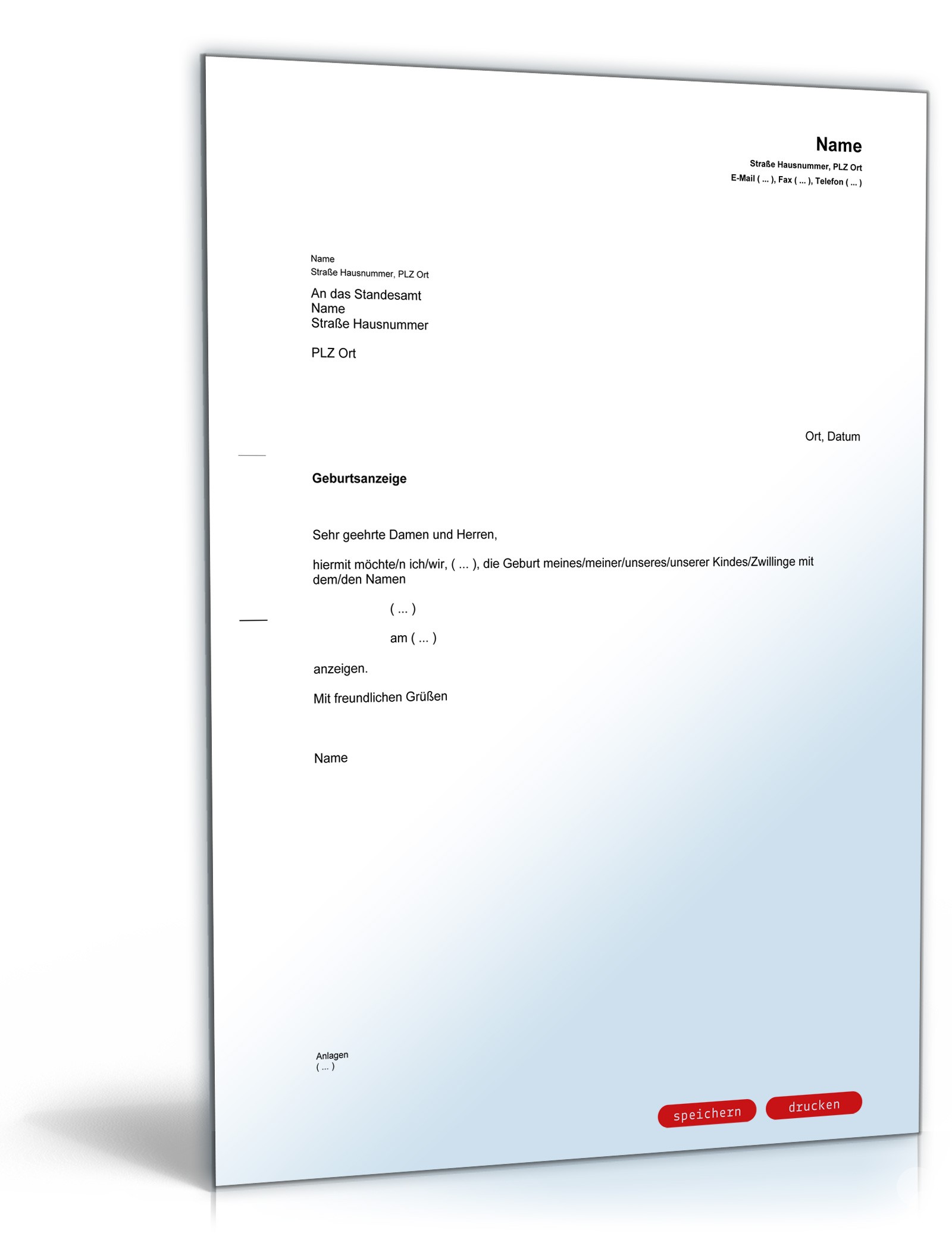 Geburtsanzeige Standesamt Vorlage Zum Download