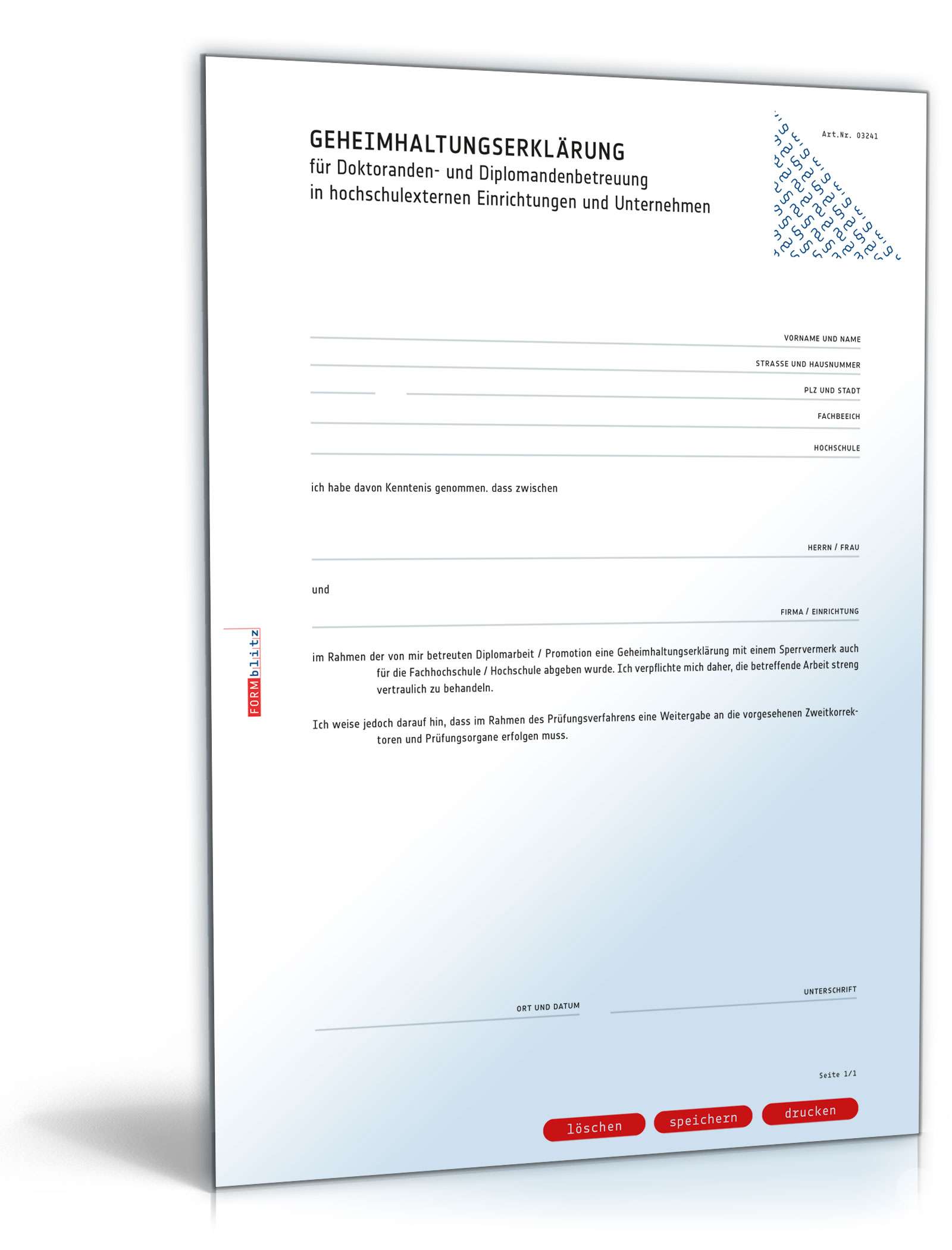 Hauptbild des Produkts: Geheimhaltungserklärung für Doktoranden- und Diplomandenbetreuung