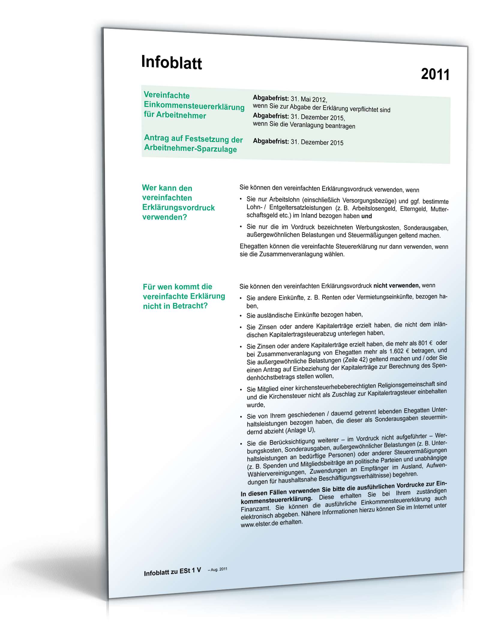 Hauptbild des Produkts: Anleitung vereinfachte Einkommensteuererklärung 2011