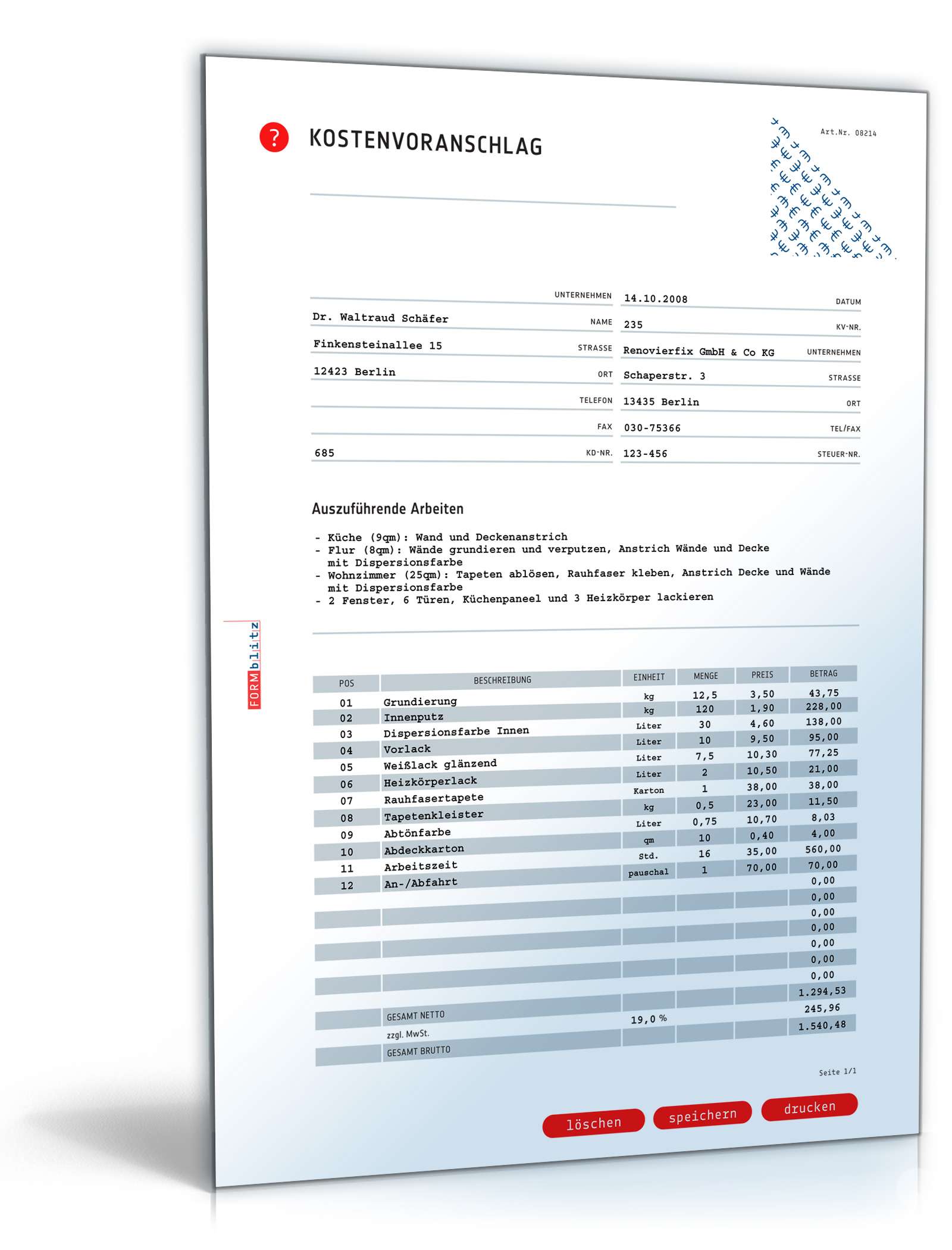 Hauptbild des Produkts: Kostenvoranschlag Malerarbeiten 