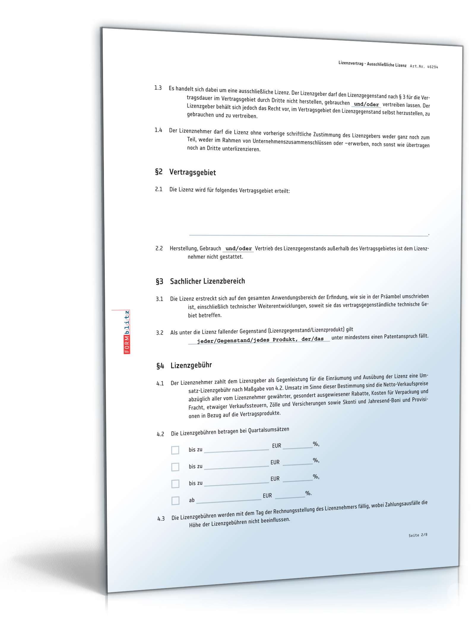 Lizenzvertrag ausschließliche Lizenz | Muster zum Download