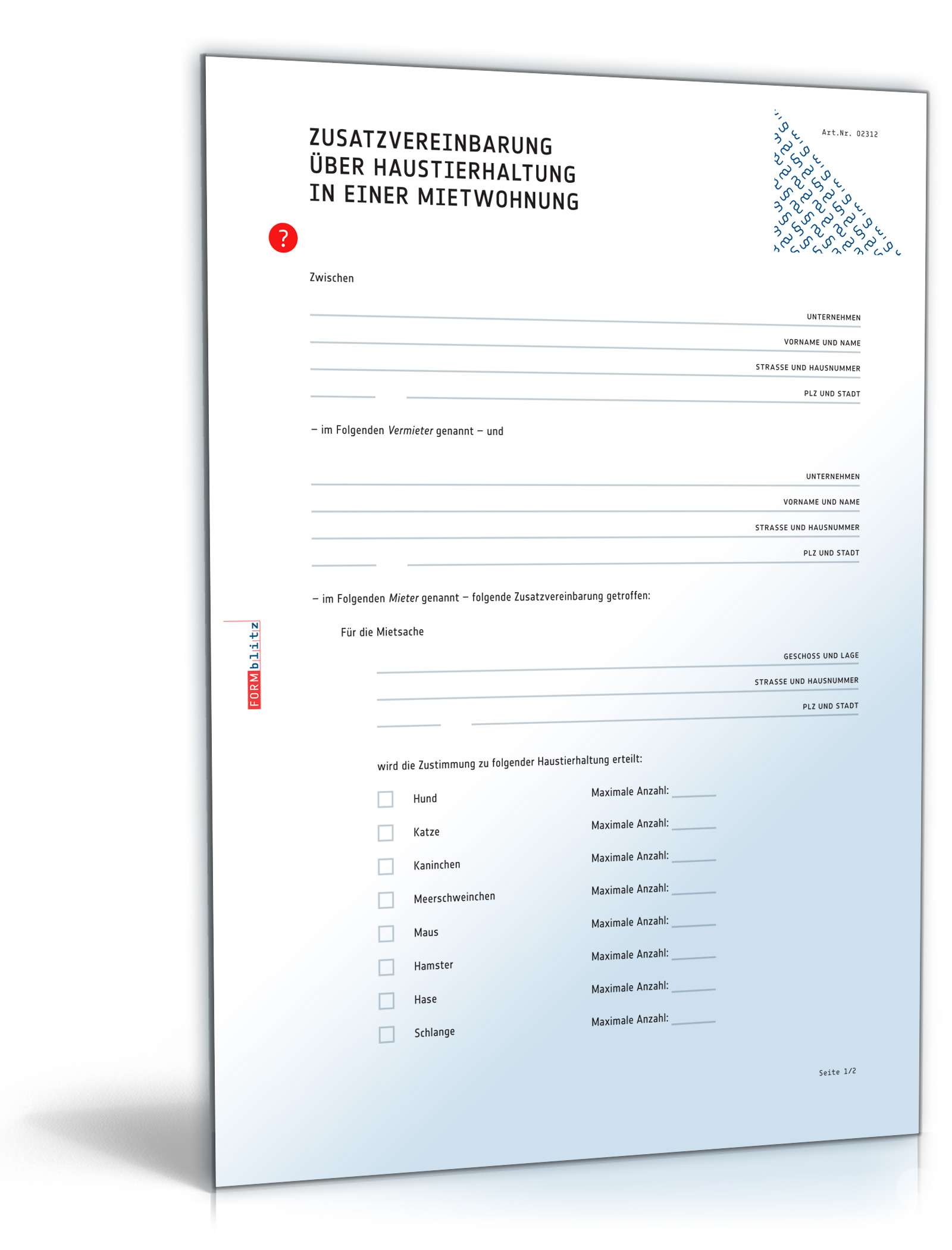 Hauptbild des Produkts: Zusatzvereinbarung Haustierhaltung