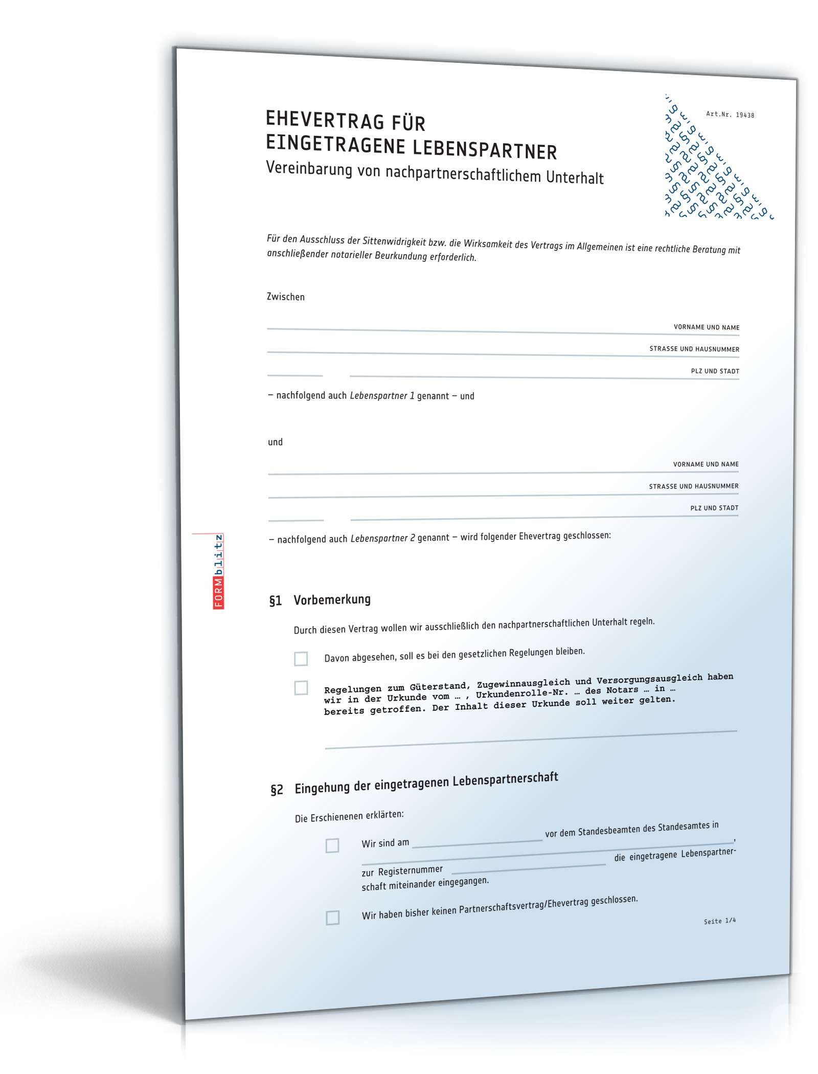 Hauptbild des Produkts: Ehevertrag eingetragene Lebenspartner