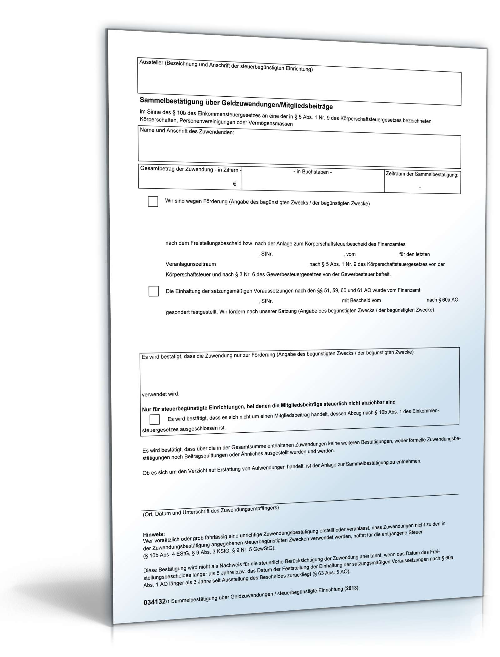 Hauptbild des Produkts: Sammelbestätigung über Geldzuwendungen