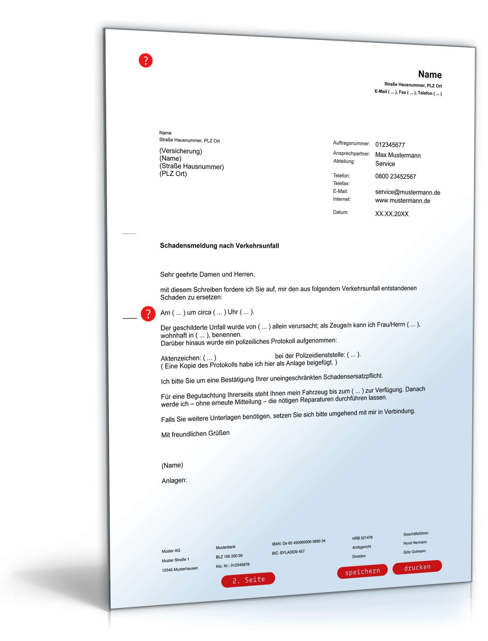 Schadensersatzforderung Verkehrsunfall: Vorlage zum Download