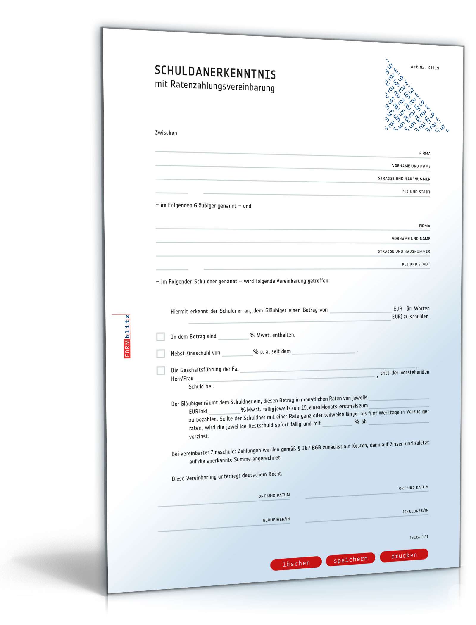 Schuldanerkenntnis Mit Ratenzahlungsvereinbarung Muster Zum Download