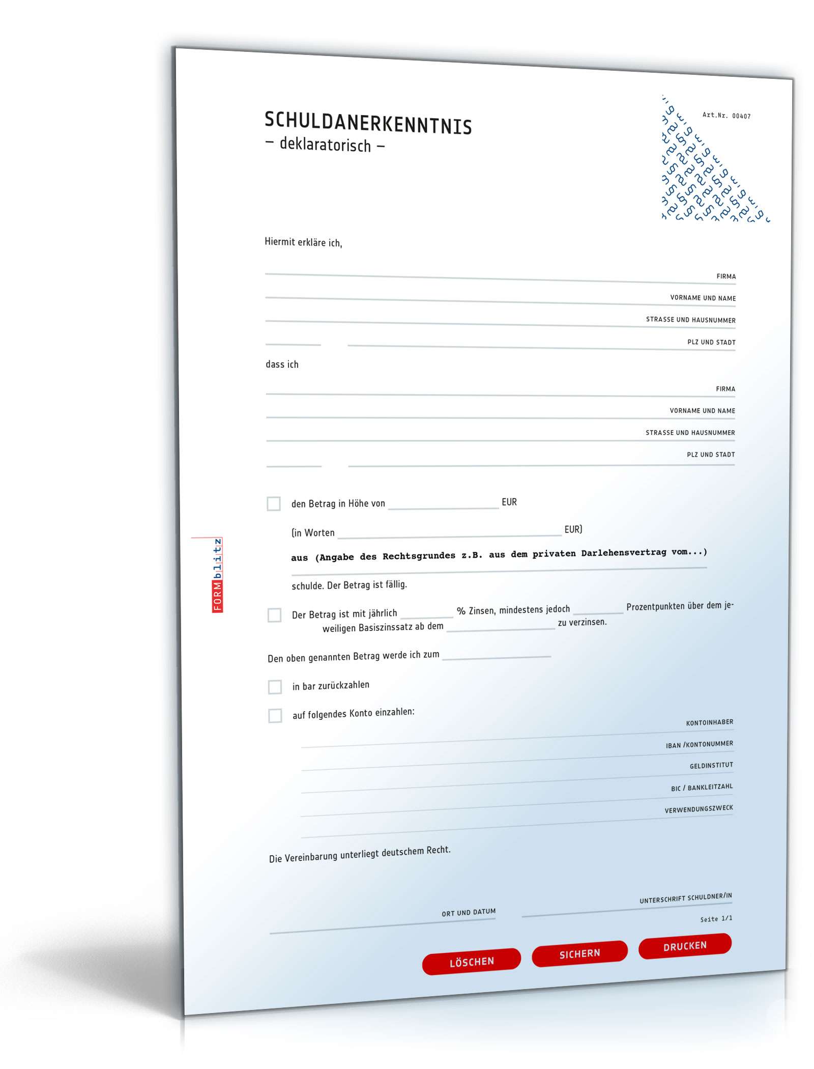 Hauptbild des Produkts: Schuldanerkenntnis deklaratorisch