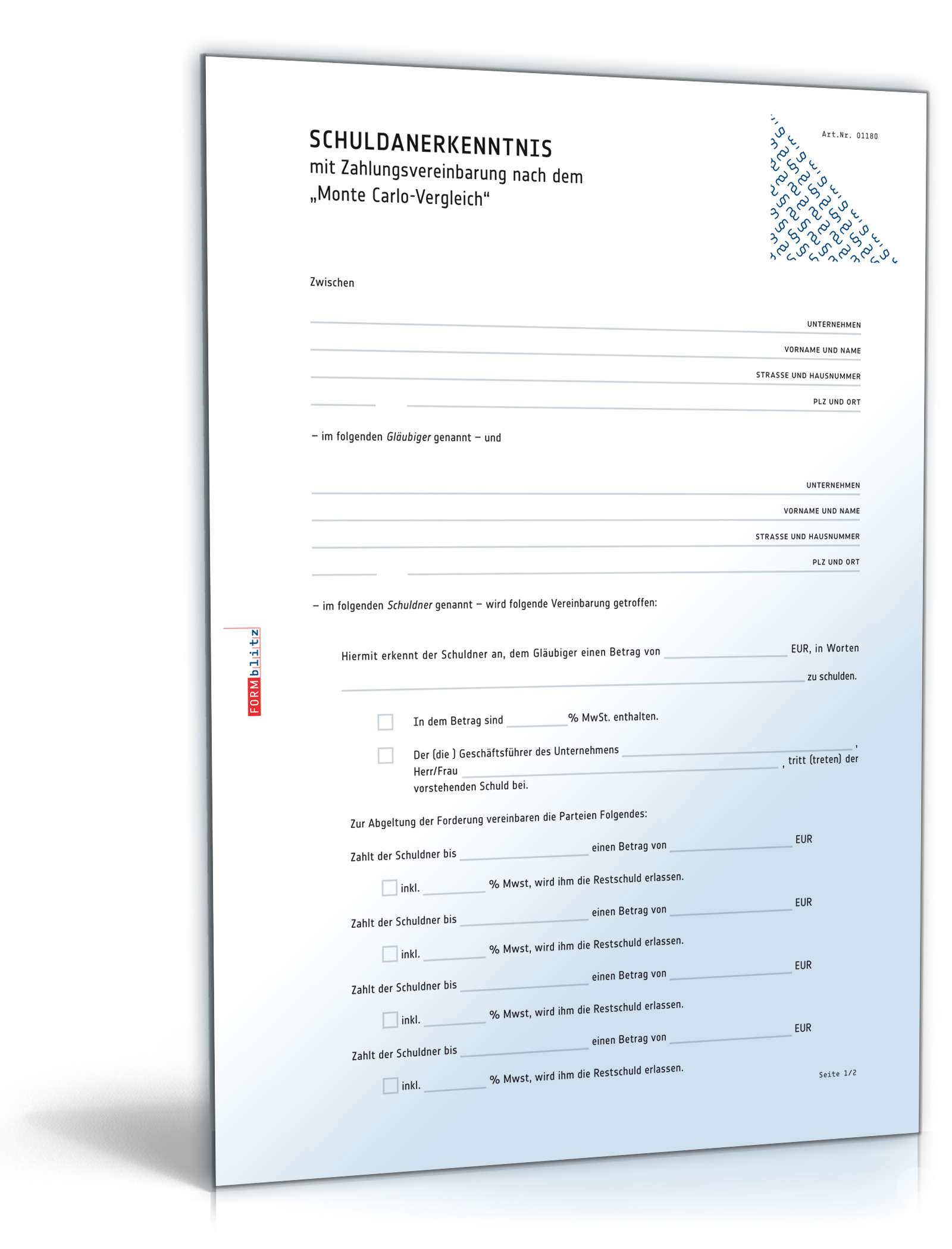 Hauptbild des Produkts: Schuldanerkenntnis mit Zahlungsvereinbarung 