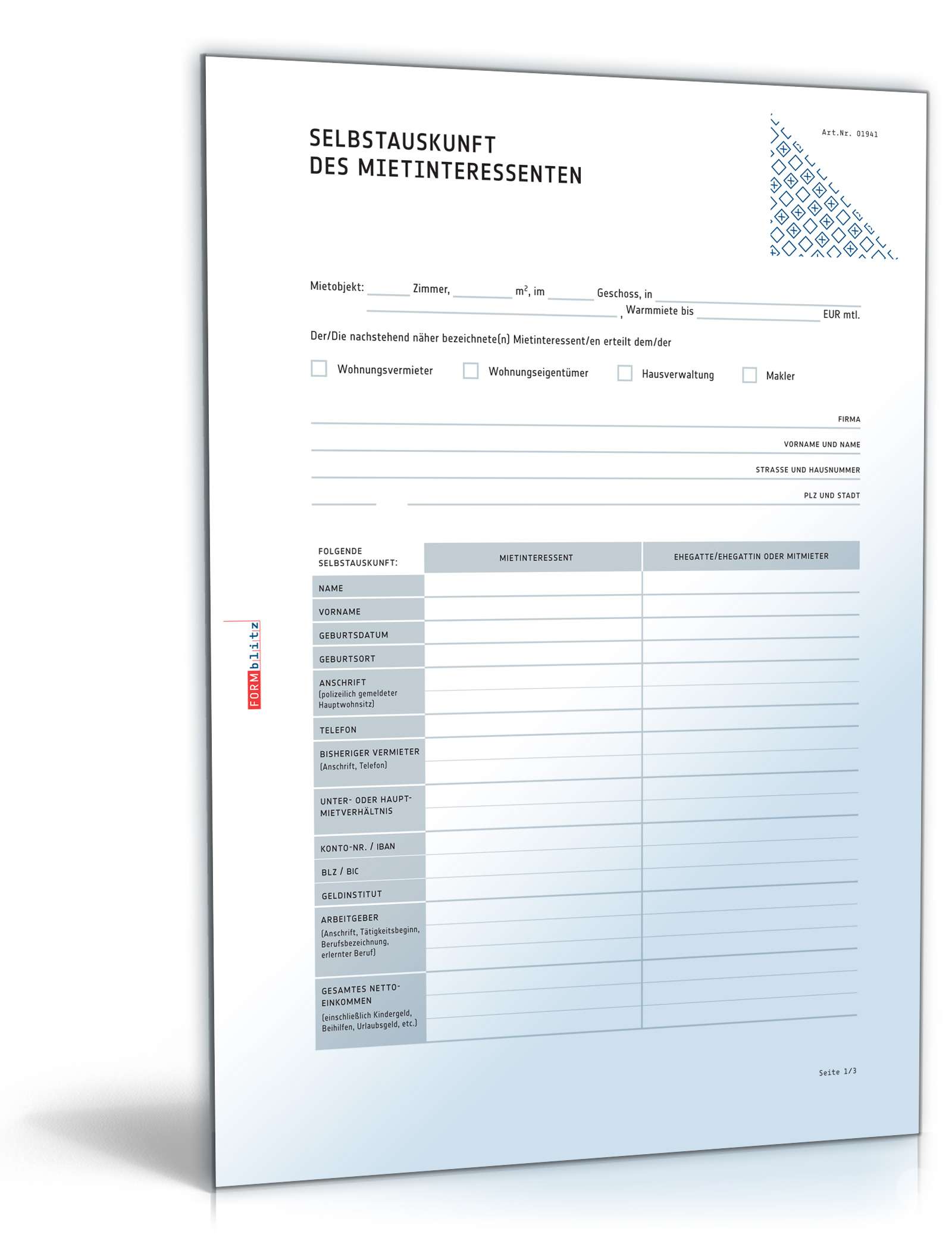 Hauptbild des Produkts: Selbstauskunft Mieter mit Einwilligung nach DSGVO