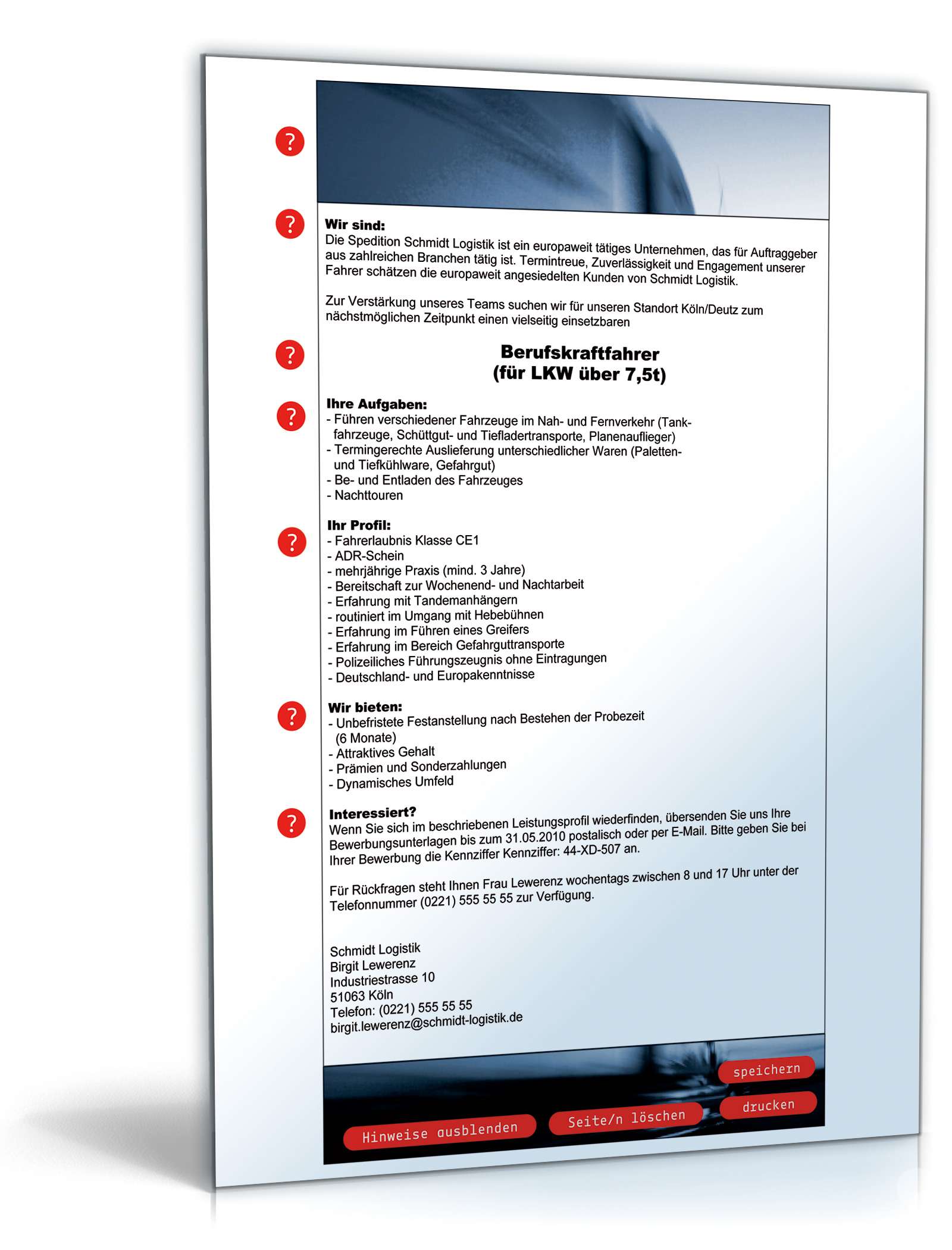 Stellenausschreibung Berufskraftfahrer - Muster zum Download