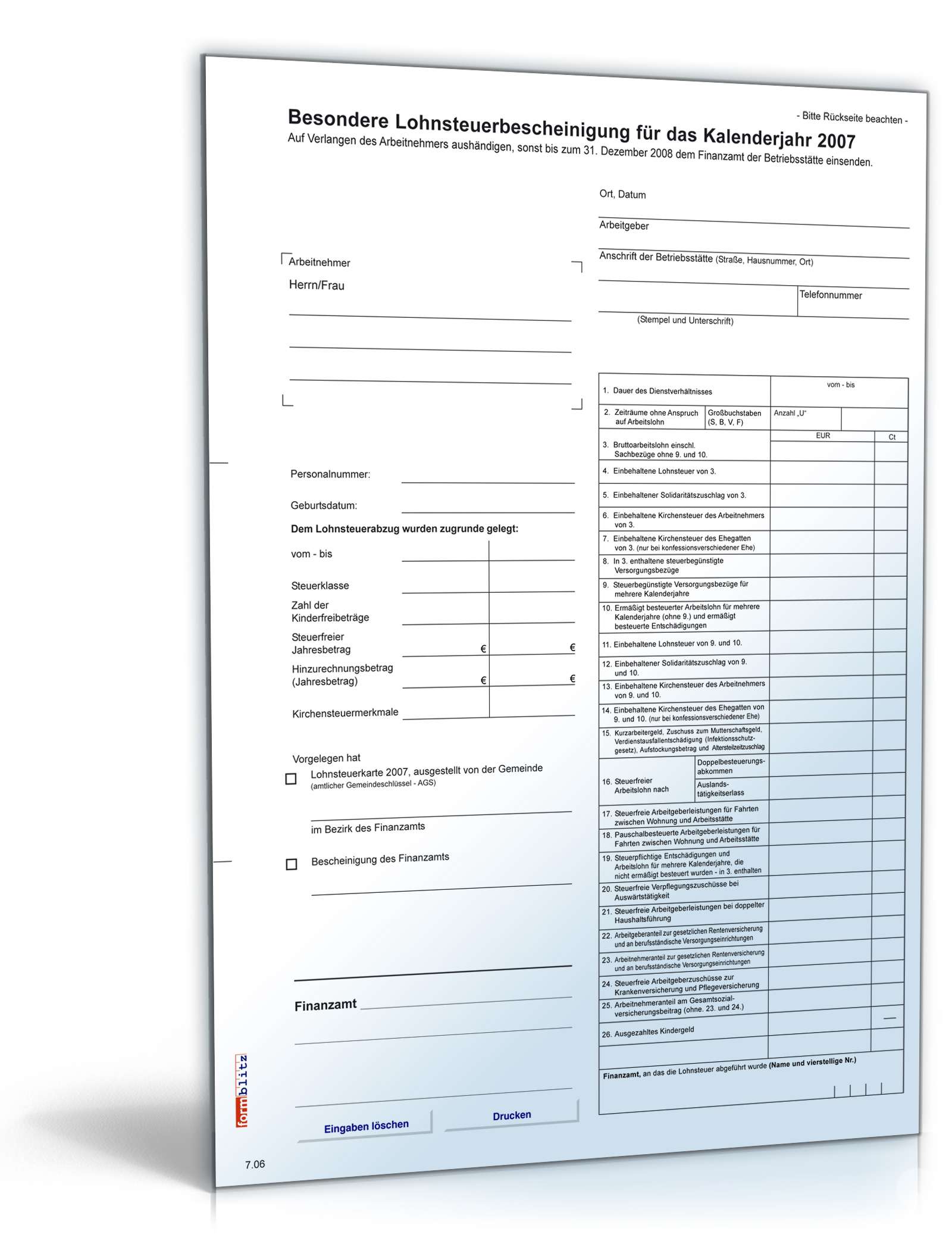 Hauptbild des Produkts: Besondere Lohnsteuerbescheinigung 2007