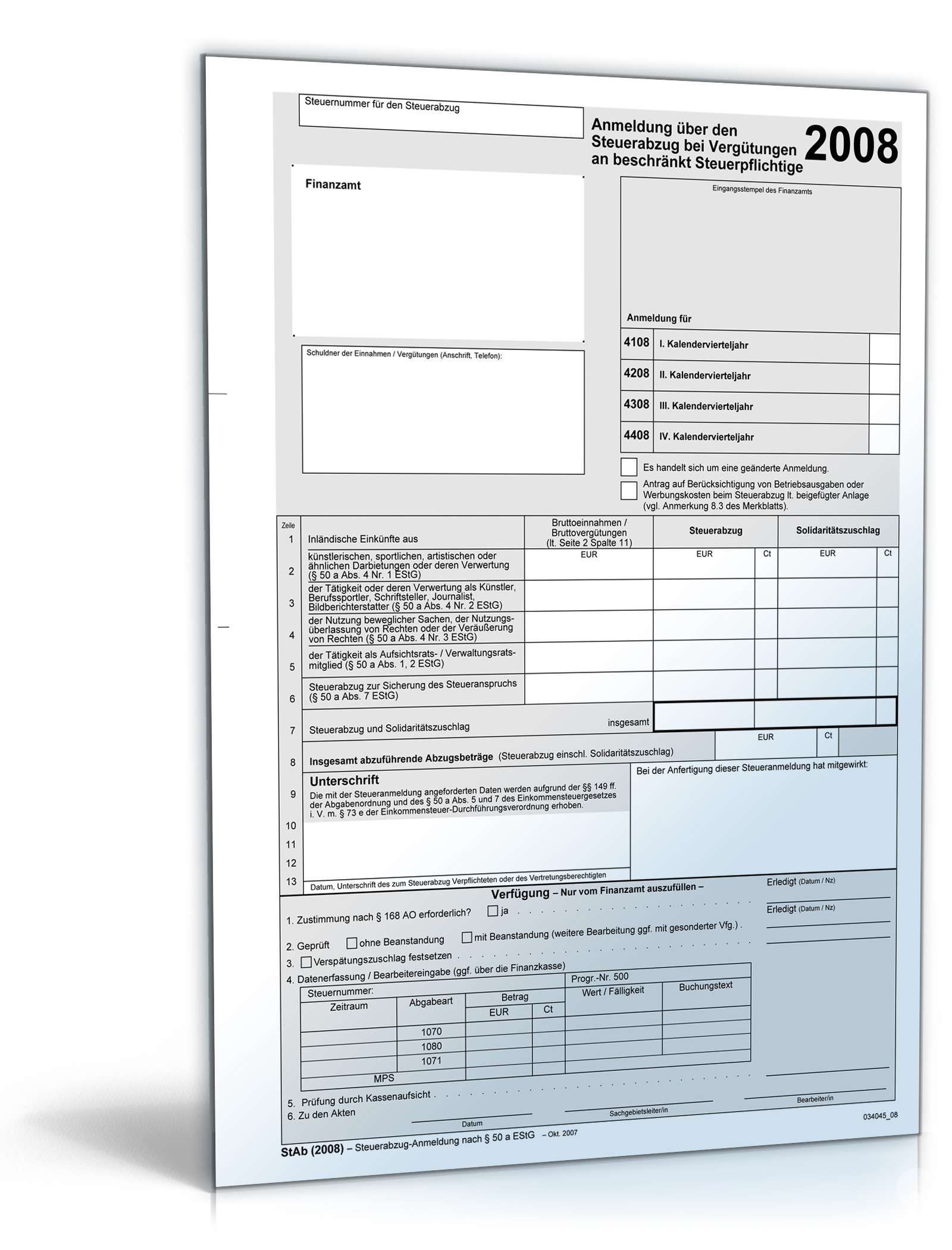 Hauptbild des Produkts: Anmeldung über den Steuerabzug bei Vergütungen 2008