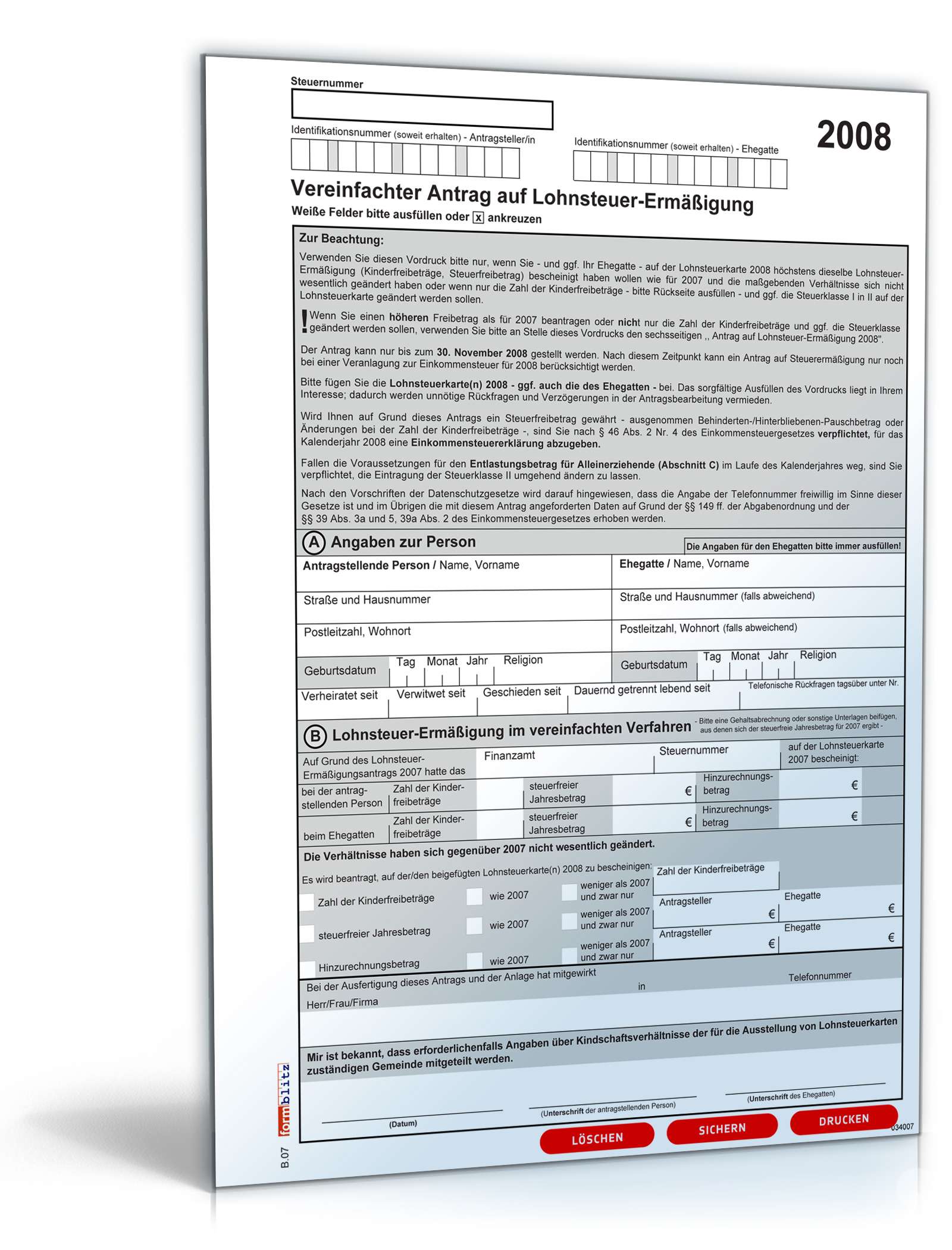 Hauptbild des Produkts: Vereinfachter Antrag auf Lohnsteuerermäßigung 2008