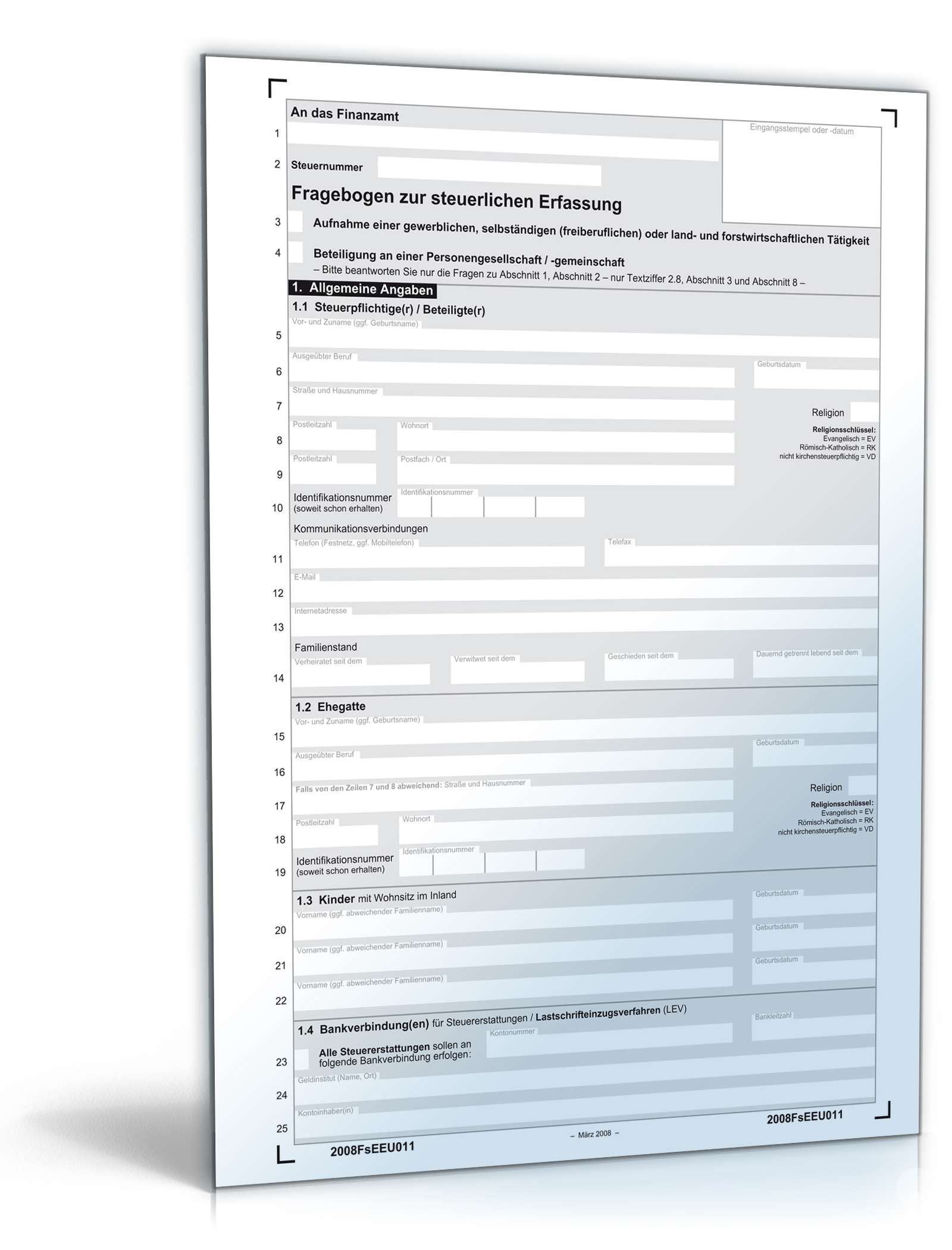 Hauptbild des Produkts: Fragebogen zur steuerlichen Erfassung 2008