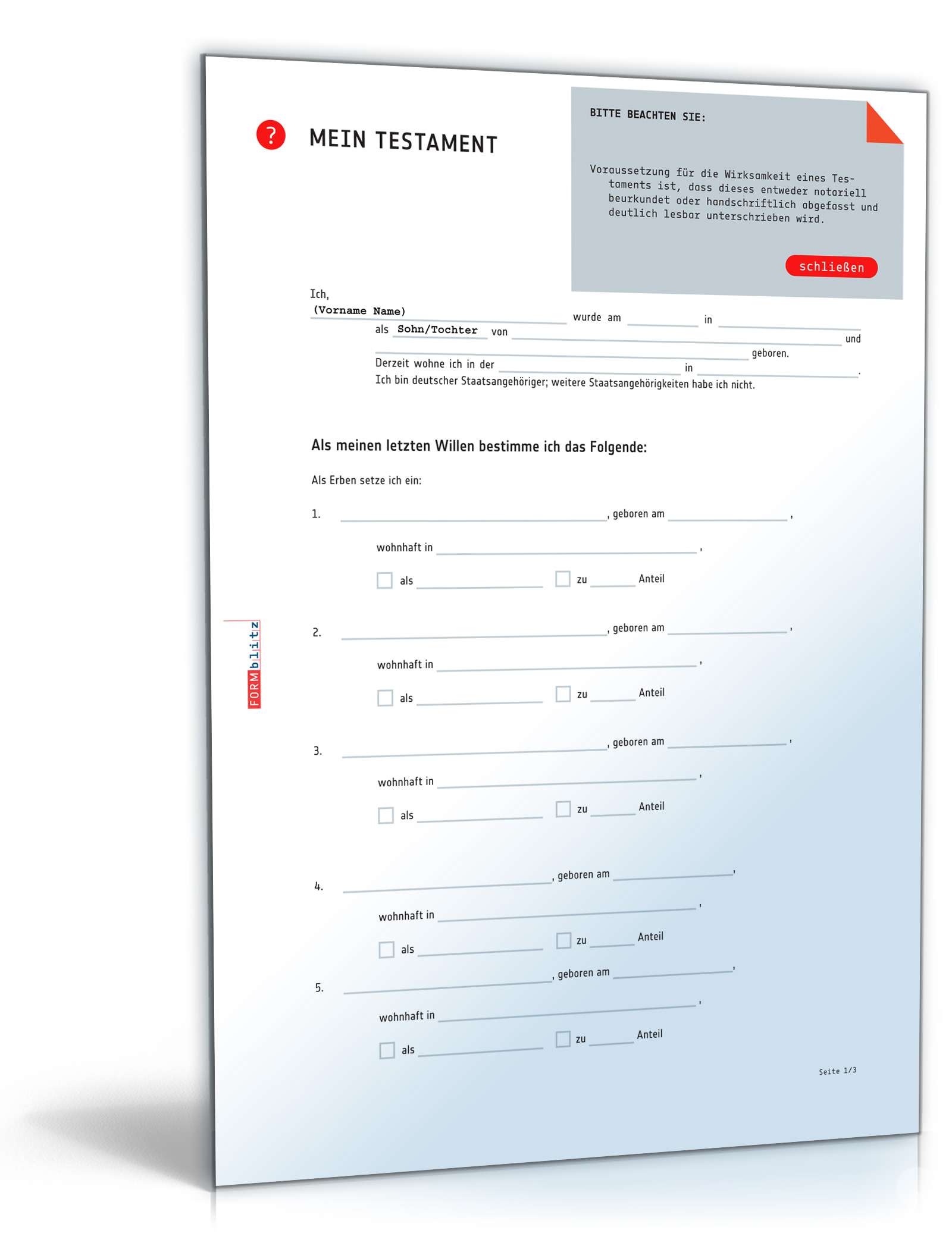 Hauptbild des Produkts: Einfaches Testament mit Enterbung und Pflichtteilsentzug