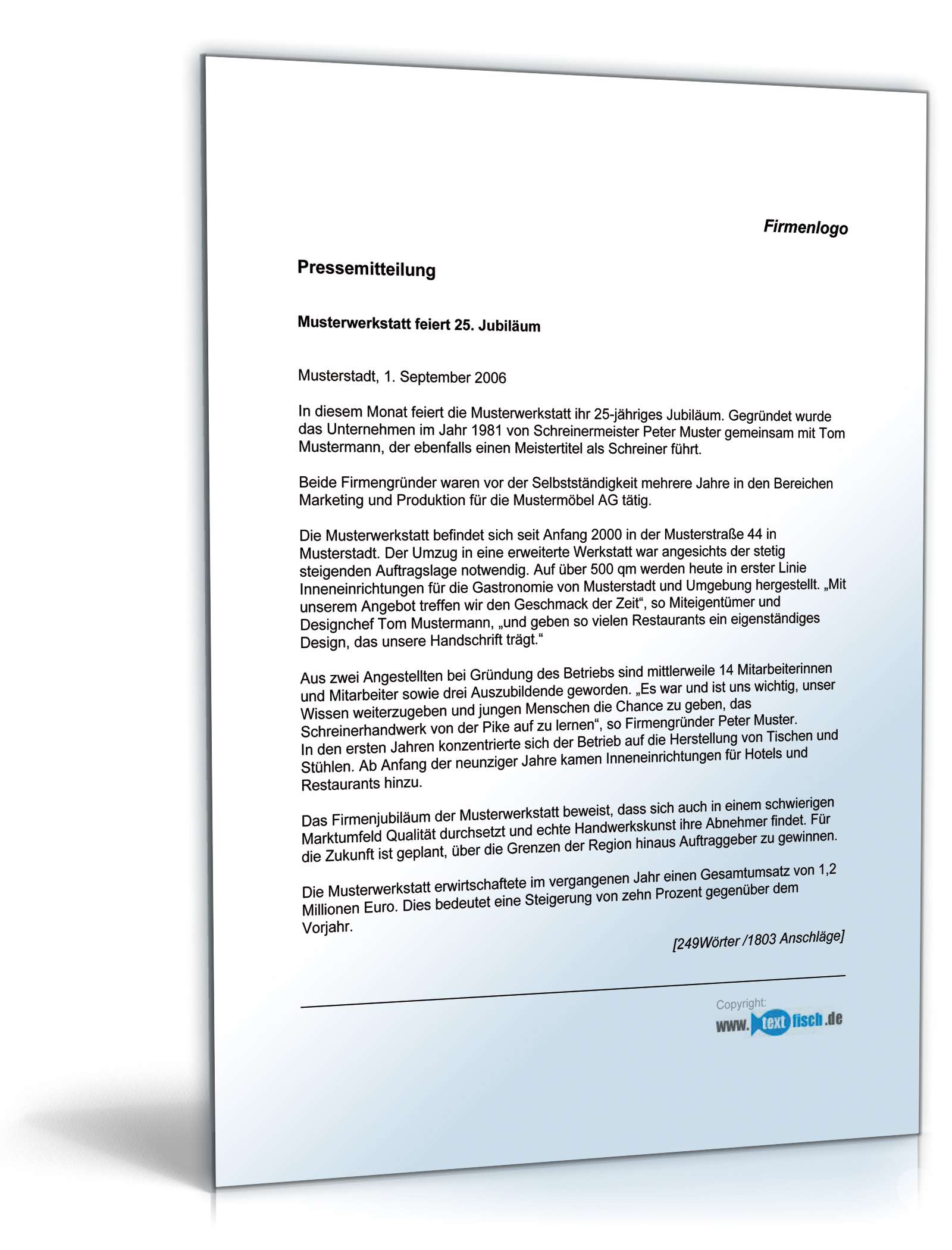 Hauptbild des Produkts: Pressemitteilung Firmenjubiläum eines Handwerksbetriebs