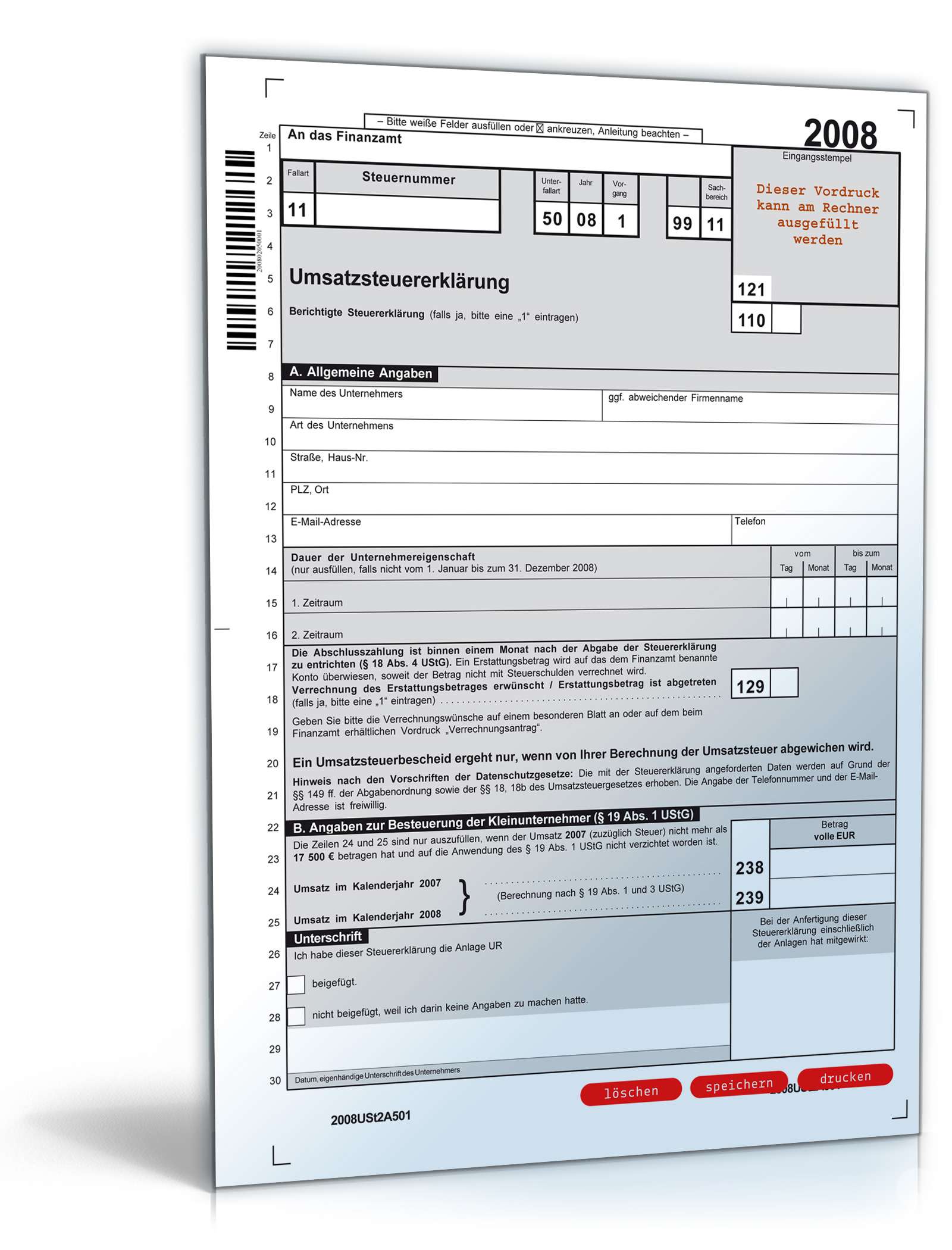Hauptbild des Produkts: Hauptbogen Umsatzsteuererklärung 2008