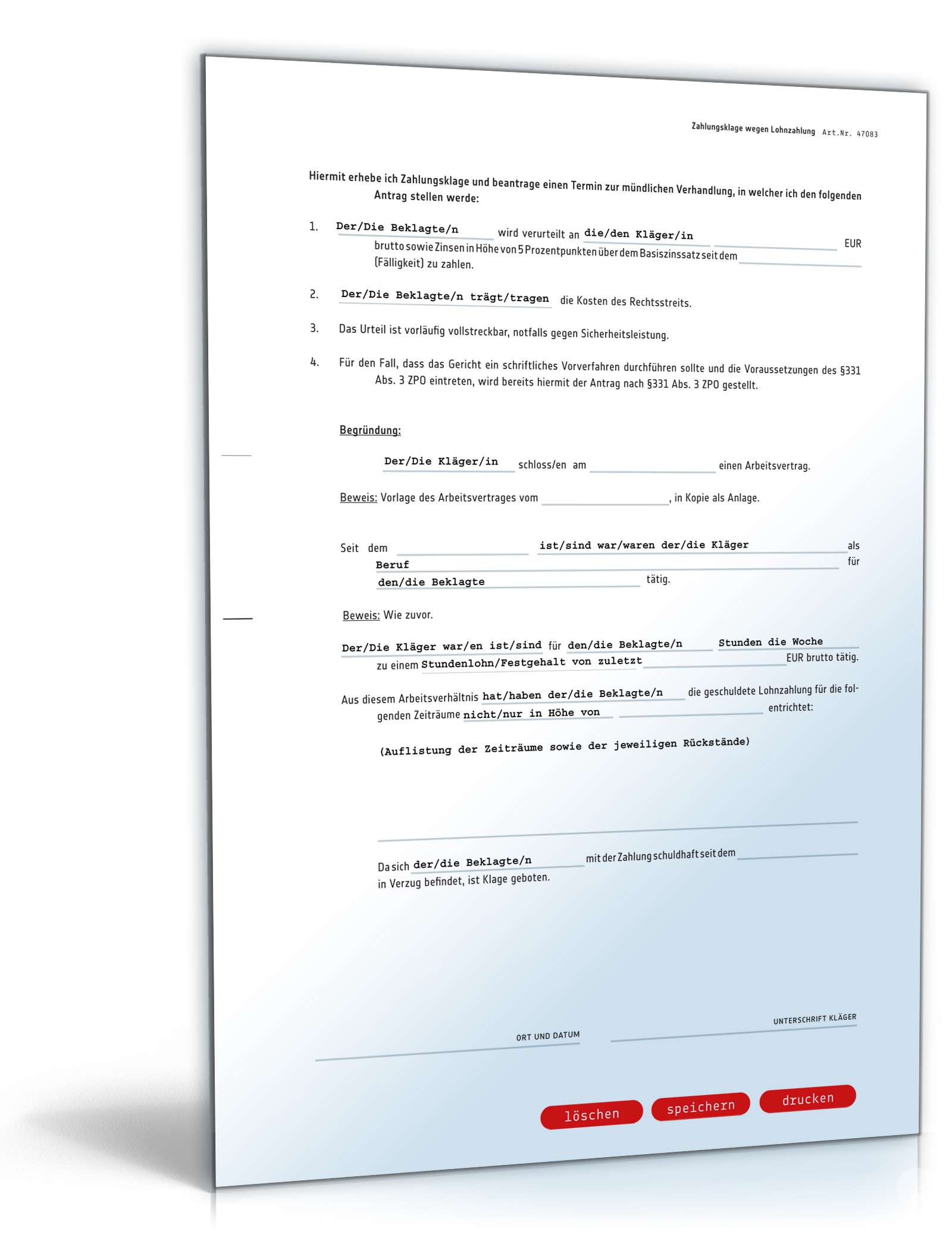 Zahlungsklage auf Lohn | Vorlage zum Download