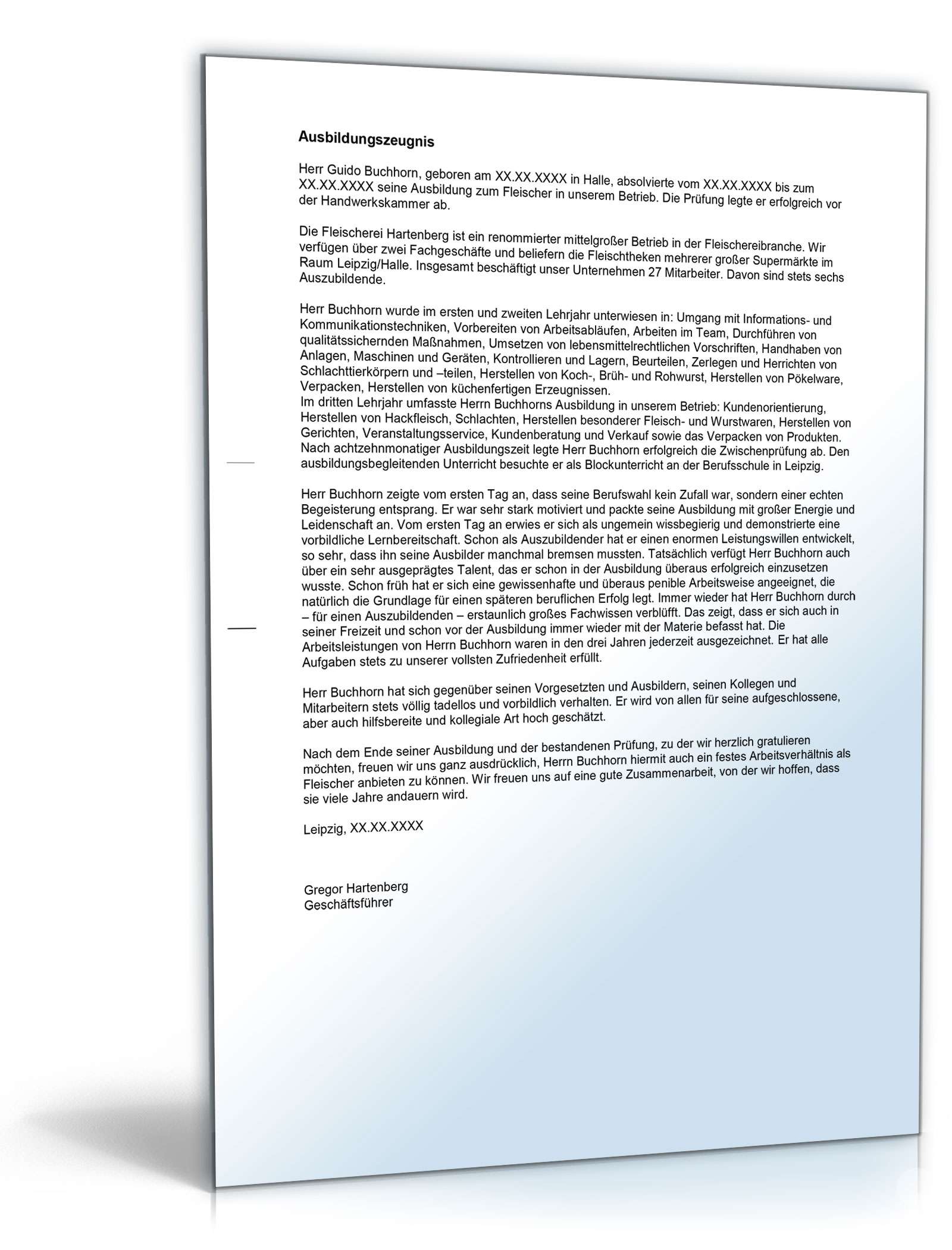 Ausbildungszeugnis Fleischer Excel. Seite: 3