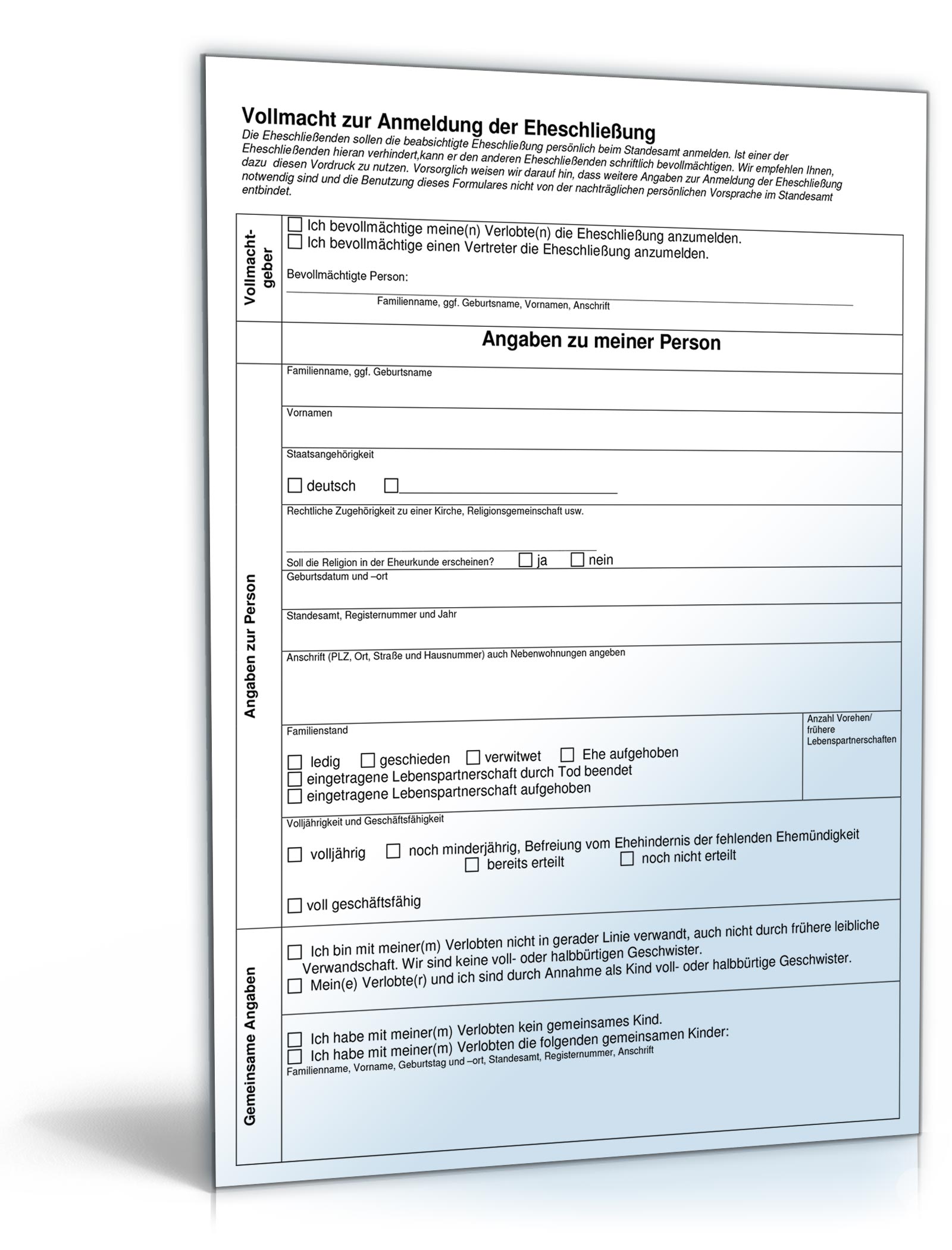 Vollmacht Anmeldung Eheschließung PDF