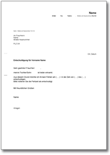 Entschuldigung Schulkind krankheitsbedingt Word