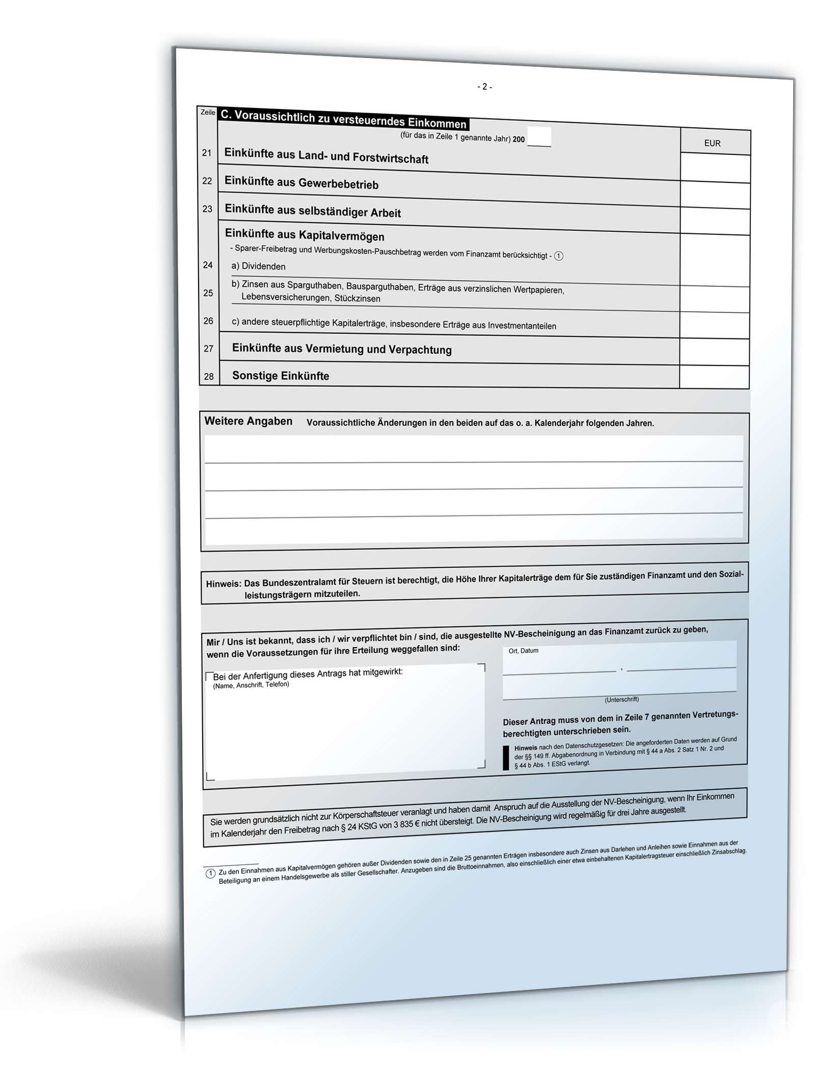 Antrag auf Ausstellung einer Nichtveranlagungsbescheinigung PDF. Seite: 2