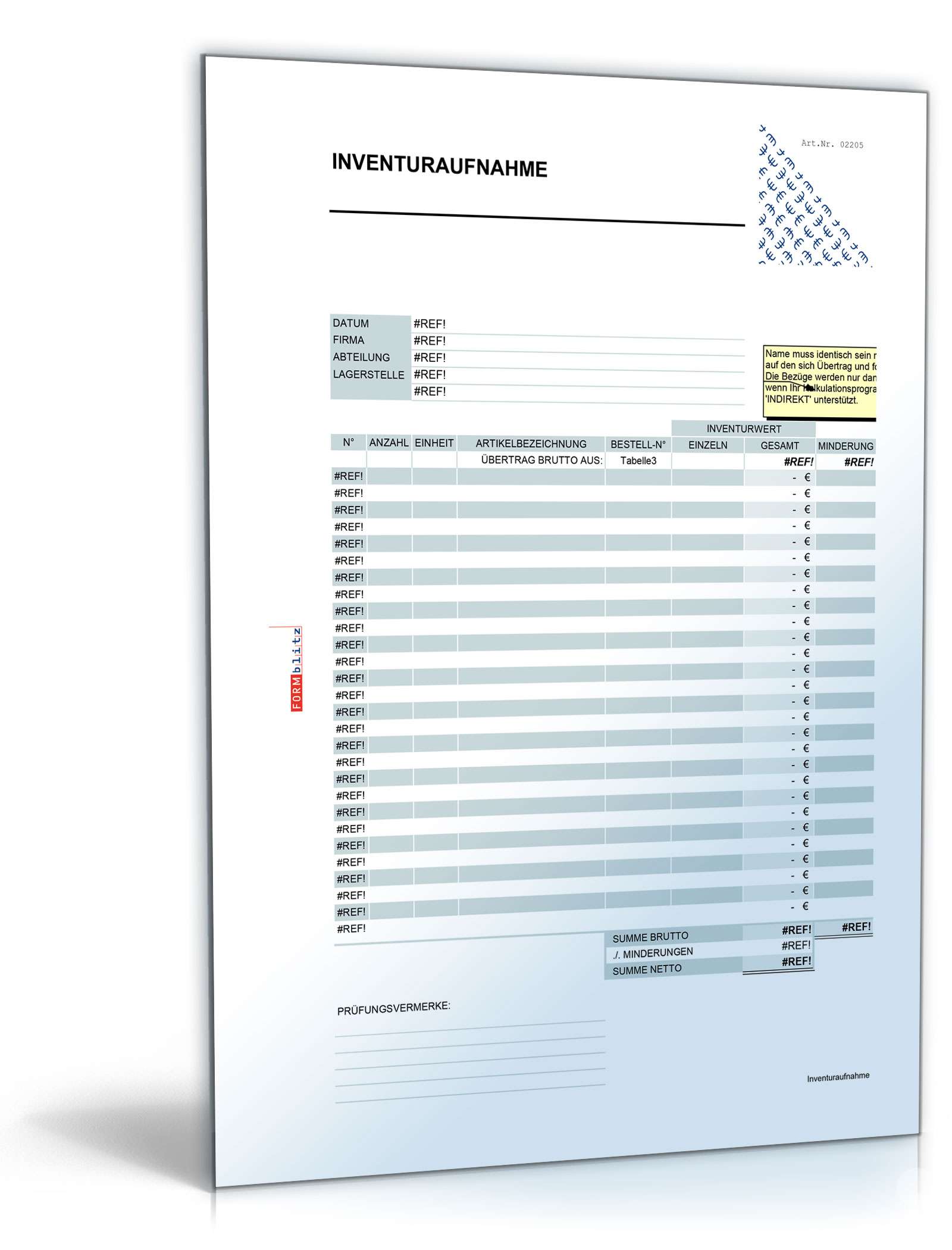 Inventuraufnahme  Excel. Seite: 4
