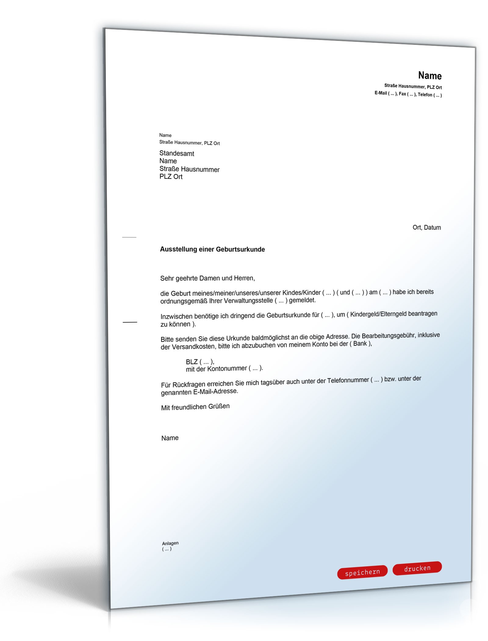 Bitte Zusendung Geburtsurkunde PDF