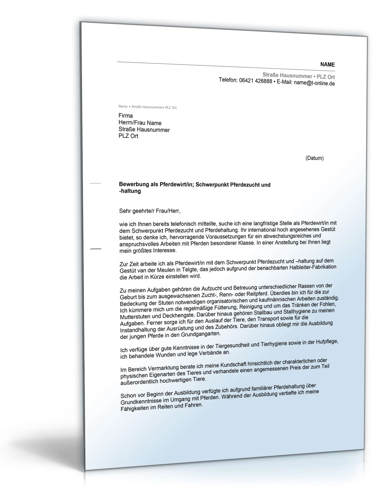 Anschreiben Bewerbung Pferdewirtin Excel