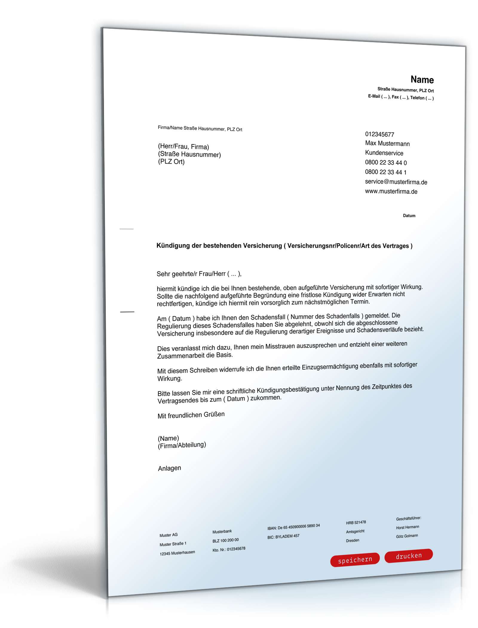 Kündigung Versicherung fristlos PDF
