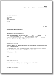 Mängelanzeige Bestätigung Reiseleitung  Word