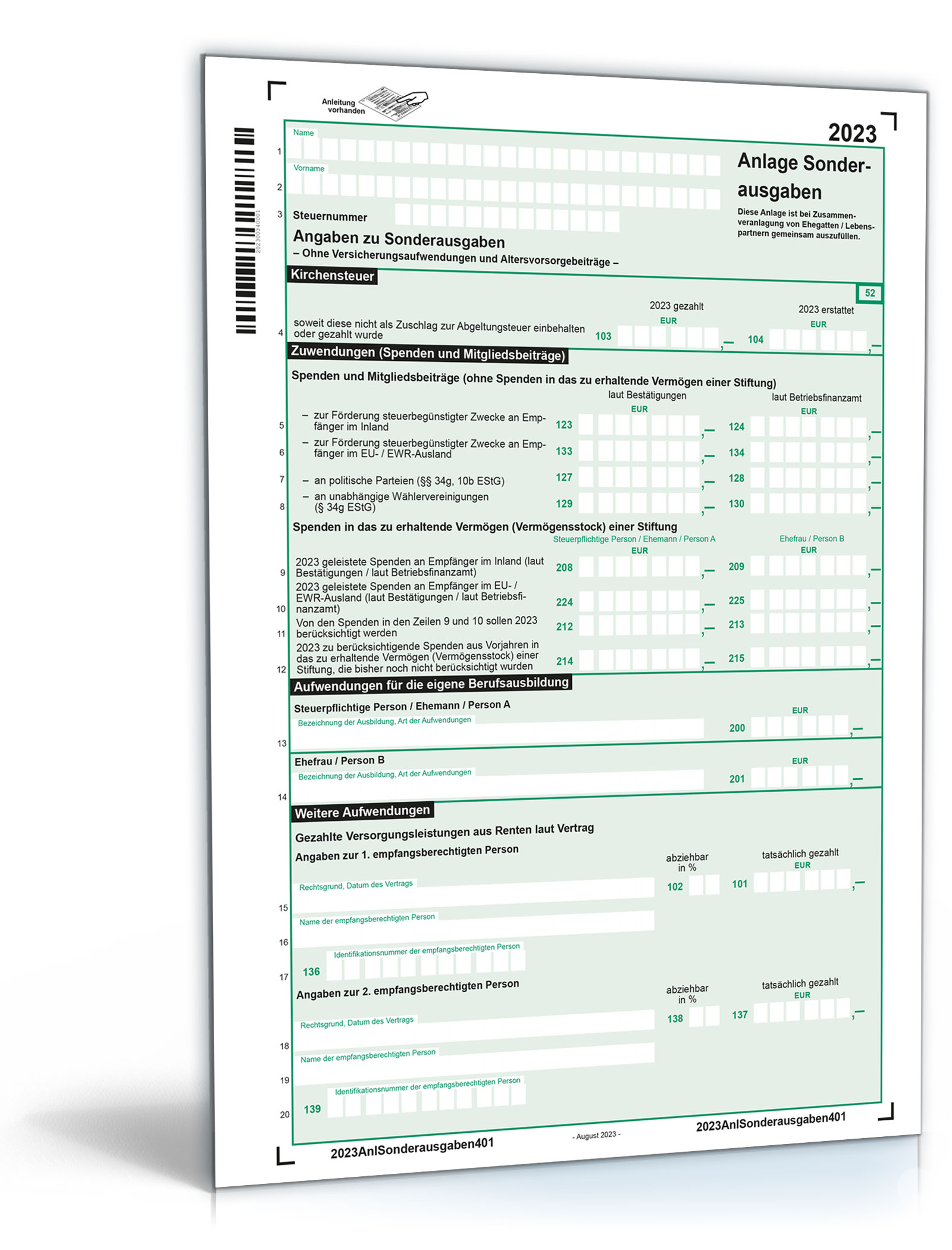 Anlage Sonderausgaben 2023 Mantelbogen PDF