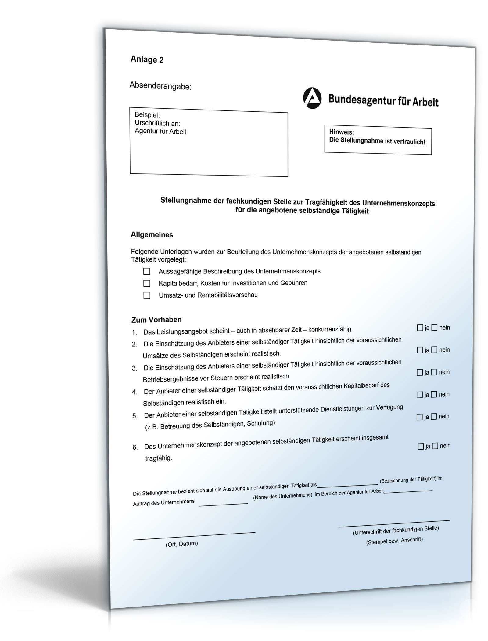Stellungnahme zur Unterstützung einer Selbstständigkeit PDF