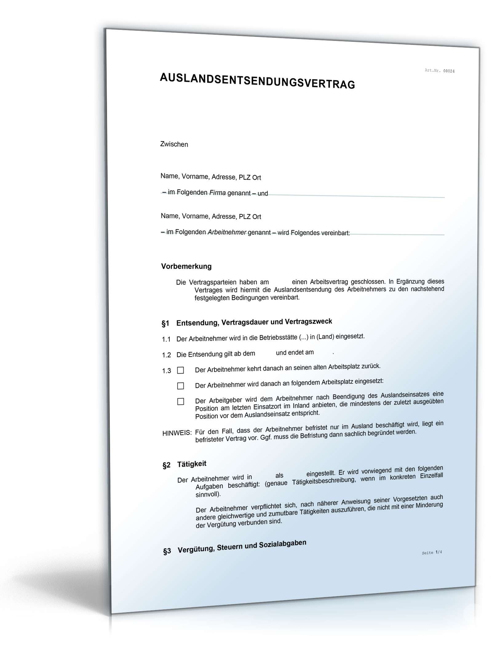 Arbeitsvertrag Zusatzvereinbarung Auslandsentsendung Word