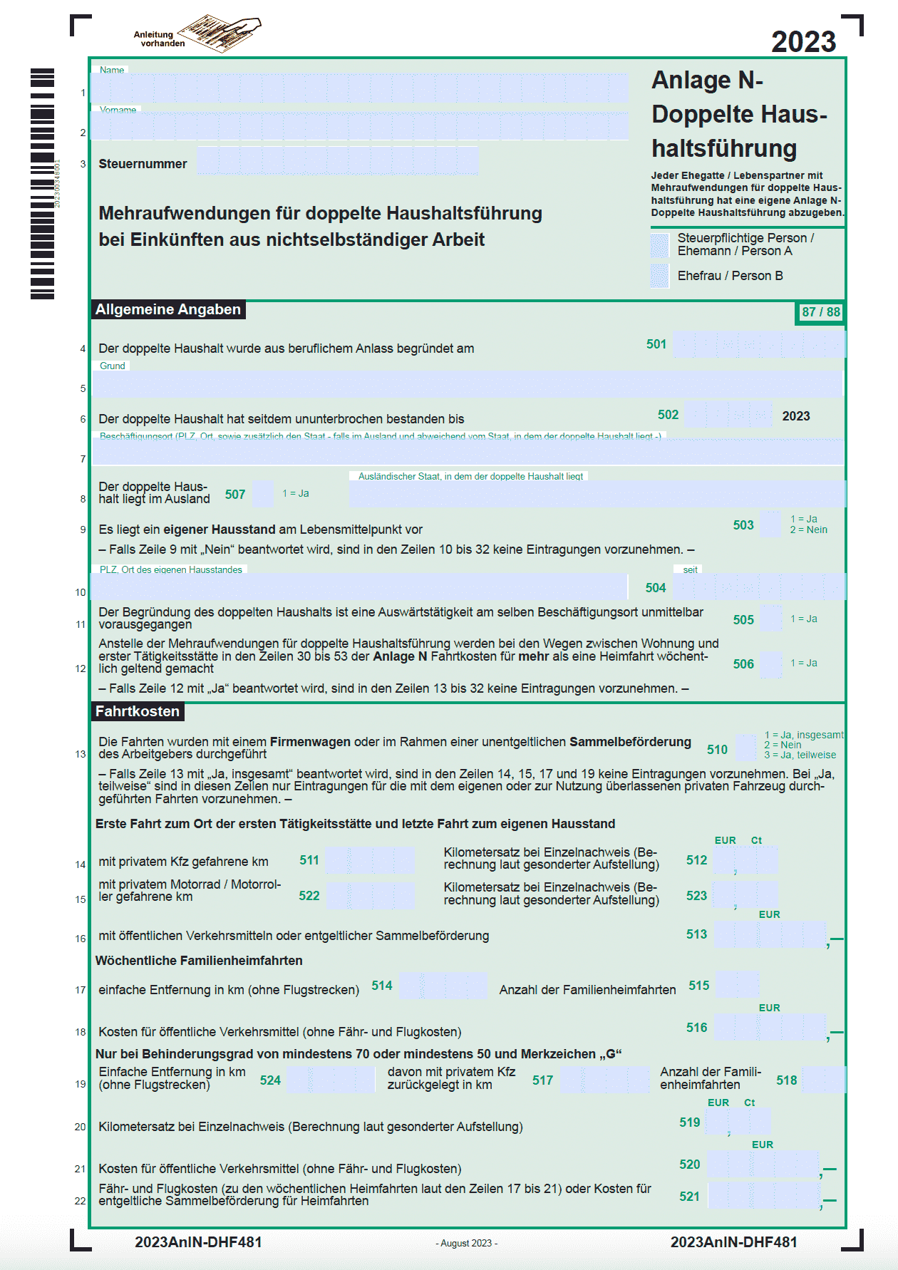 Anlage N Doppelte Haushaltführung 2023 PDF
