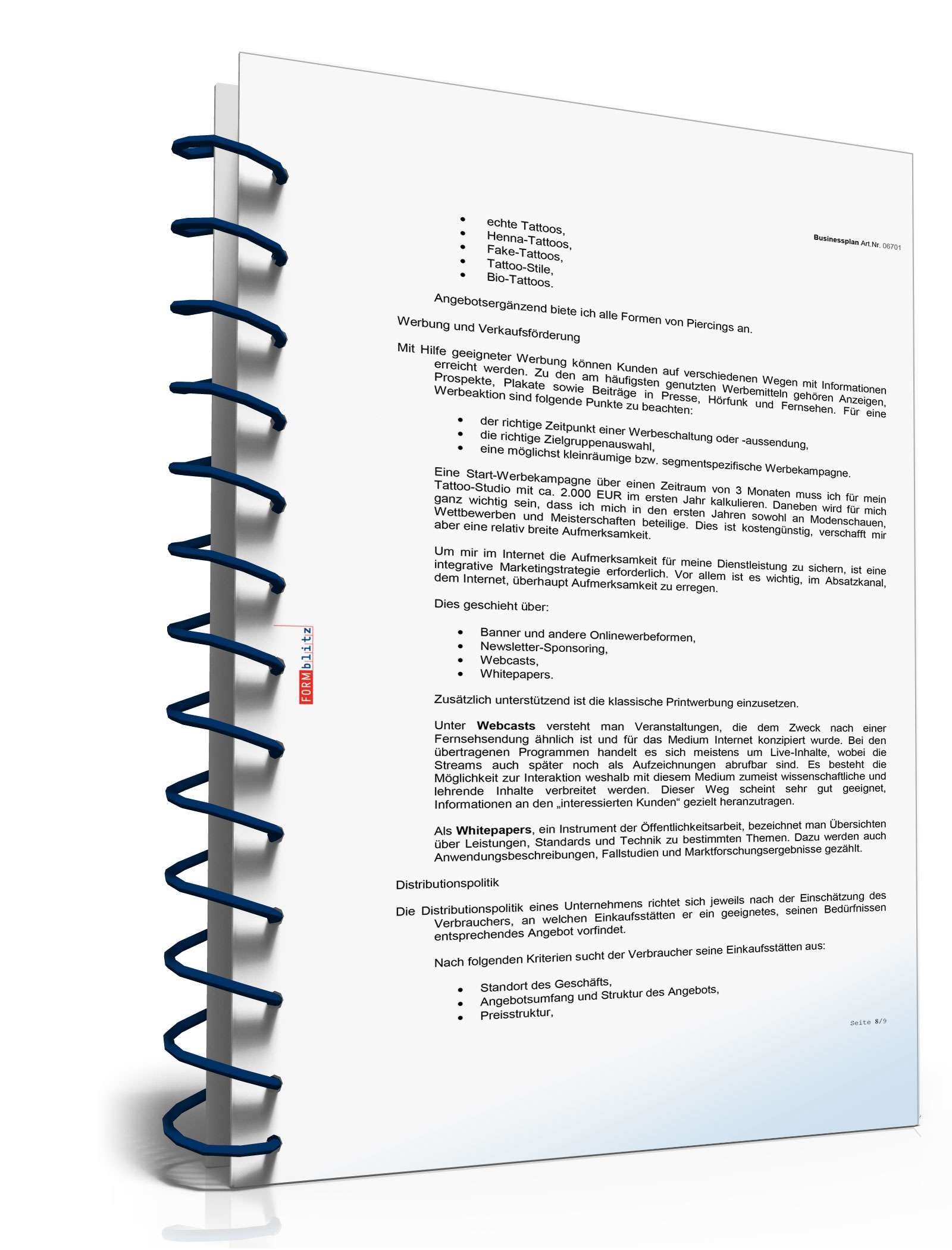 Businessplan Tattoo-Studio Excel. Seite: 7