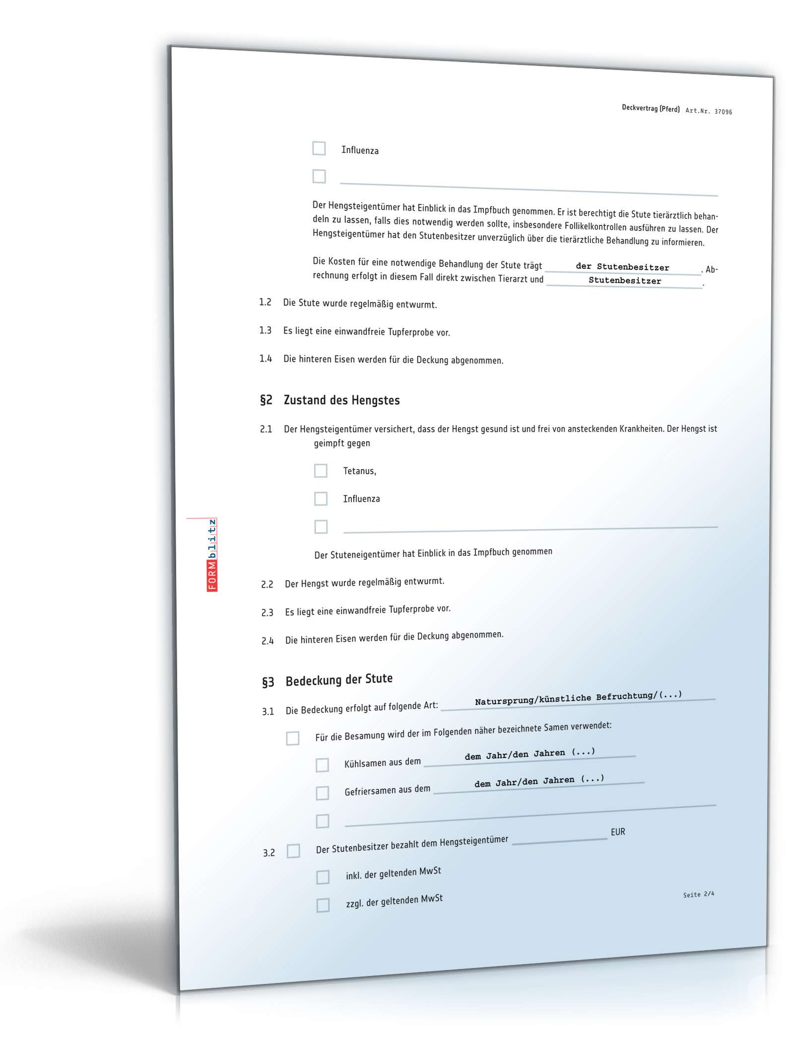 Deckvertrag Pferd PDF. Seite: 2