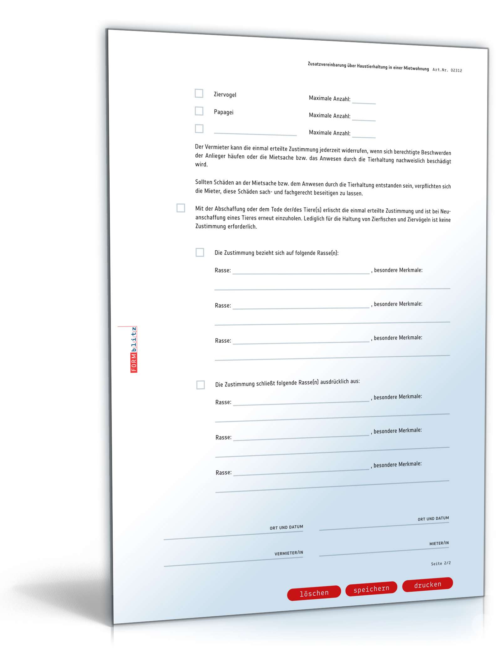 Zusatzvereinbarung Haustierhaltung PDF. Seite: 2