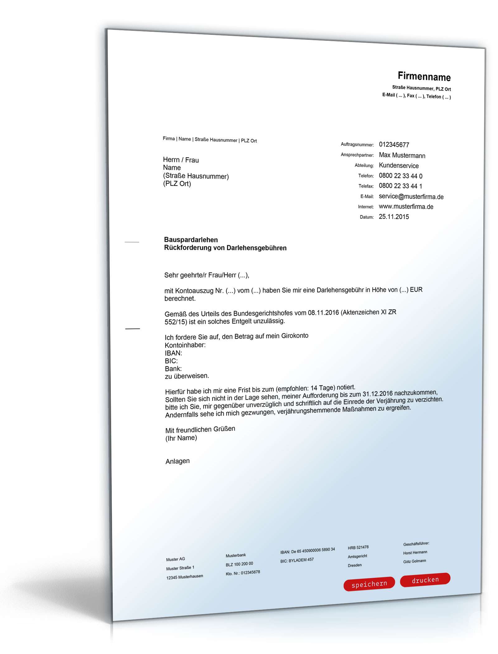 Rückforderung Darlehensgebühren für Bausparvertrag