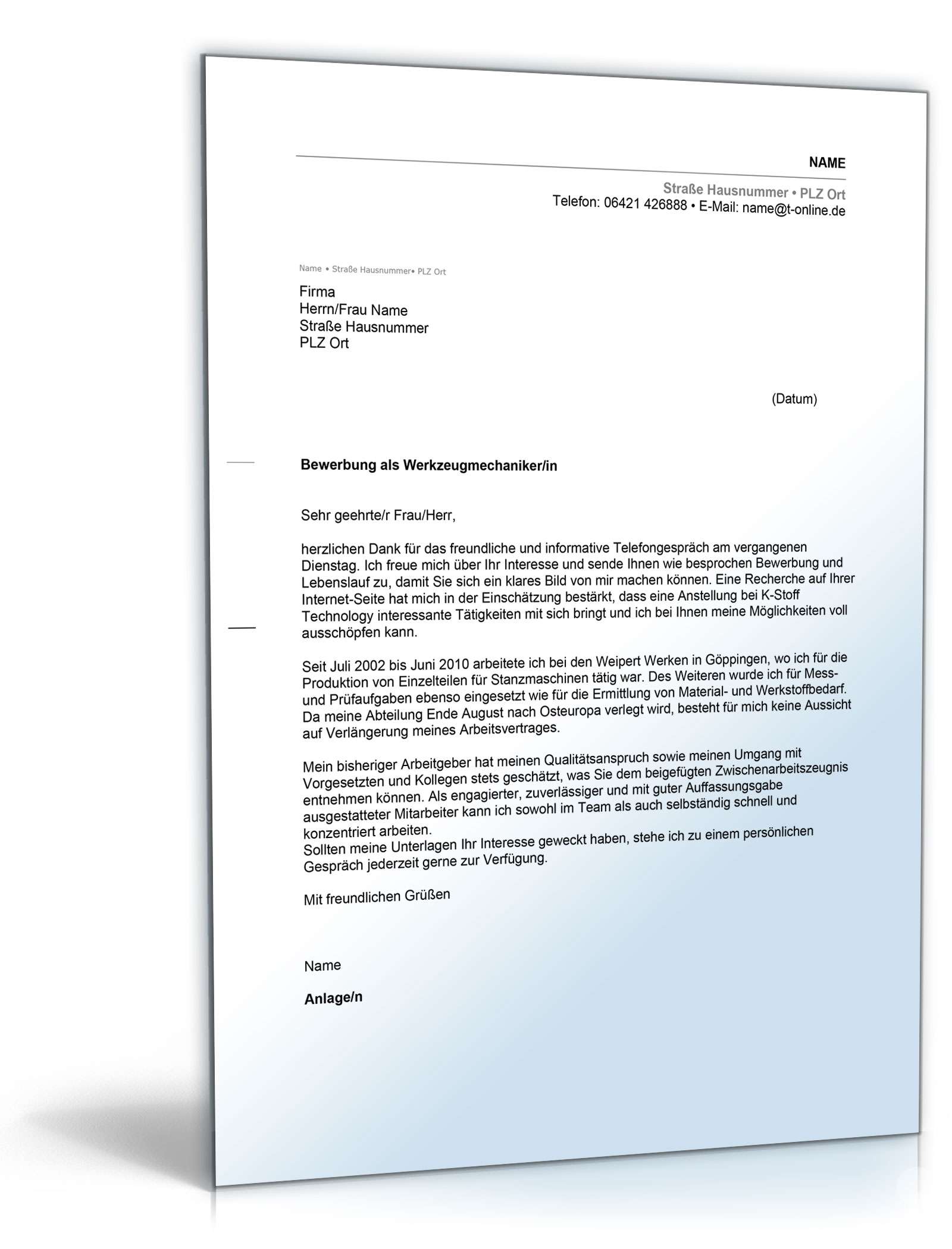 Anschreiben Bewerbung Werkzeugmechaniker Excel