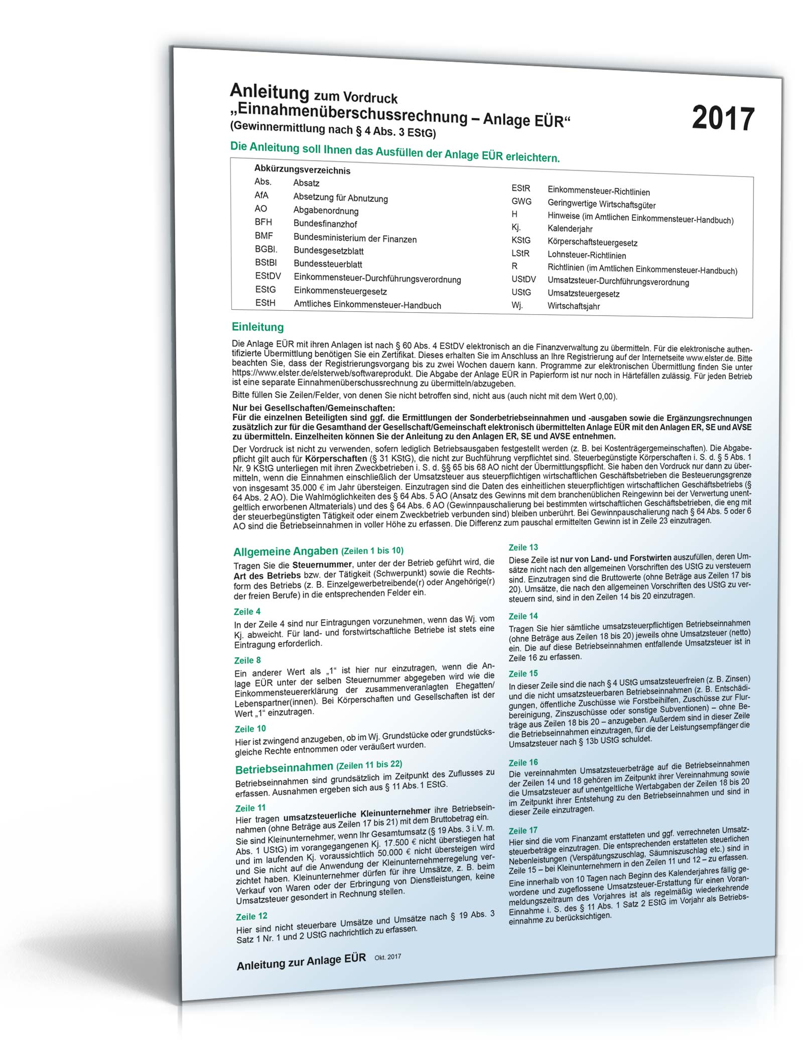Anleitung zur Anlage EÜR 2017 PDF